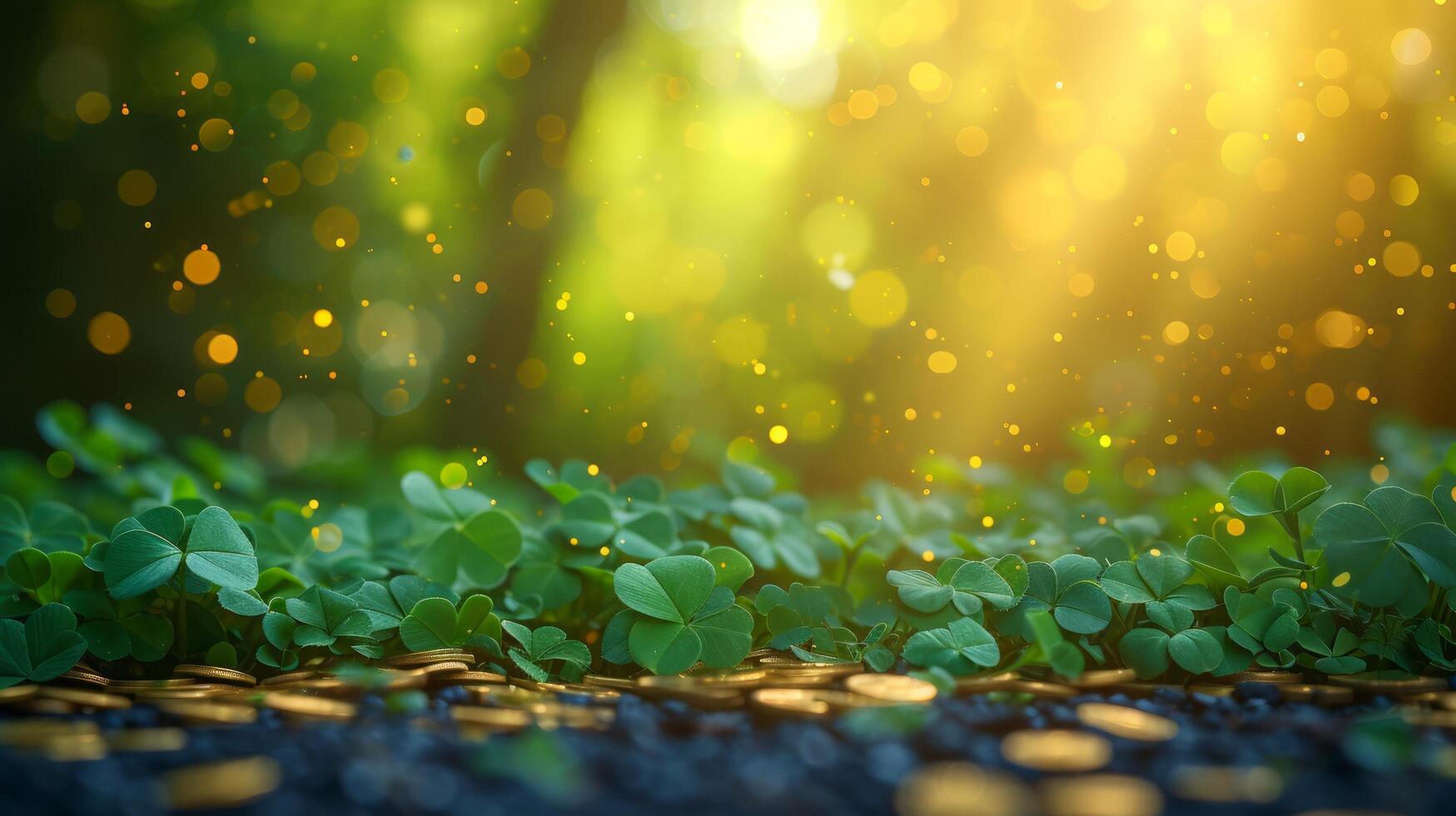 AI generated Blurred magical background with green clover leaves and gold coins and large space for text photo