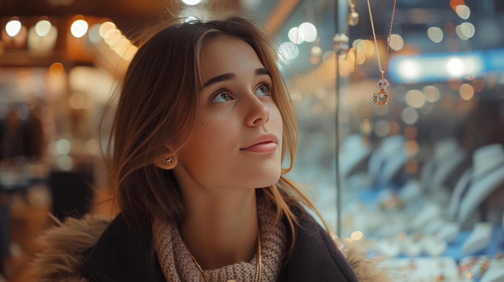 AI generated A beautiful girl chooses a necklace for herself in a jewelry store photo