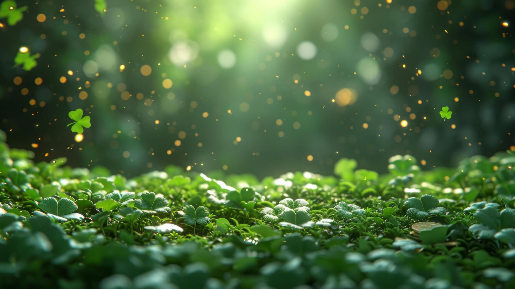 AI generated Blurred magical background with green clover leaves and gold coins and large space for text photo