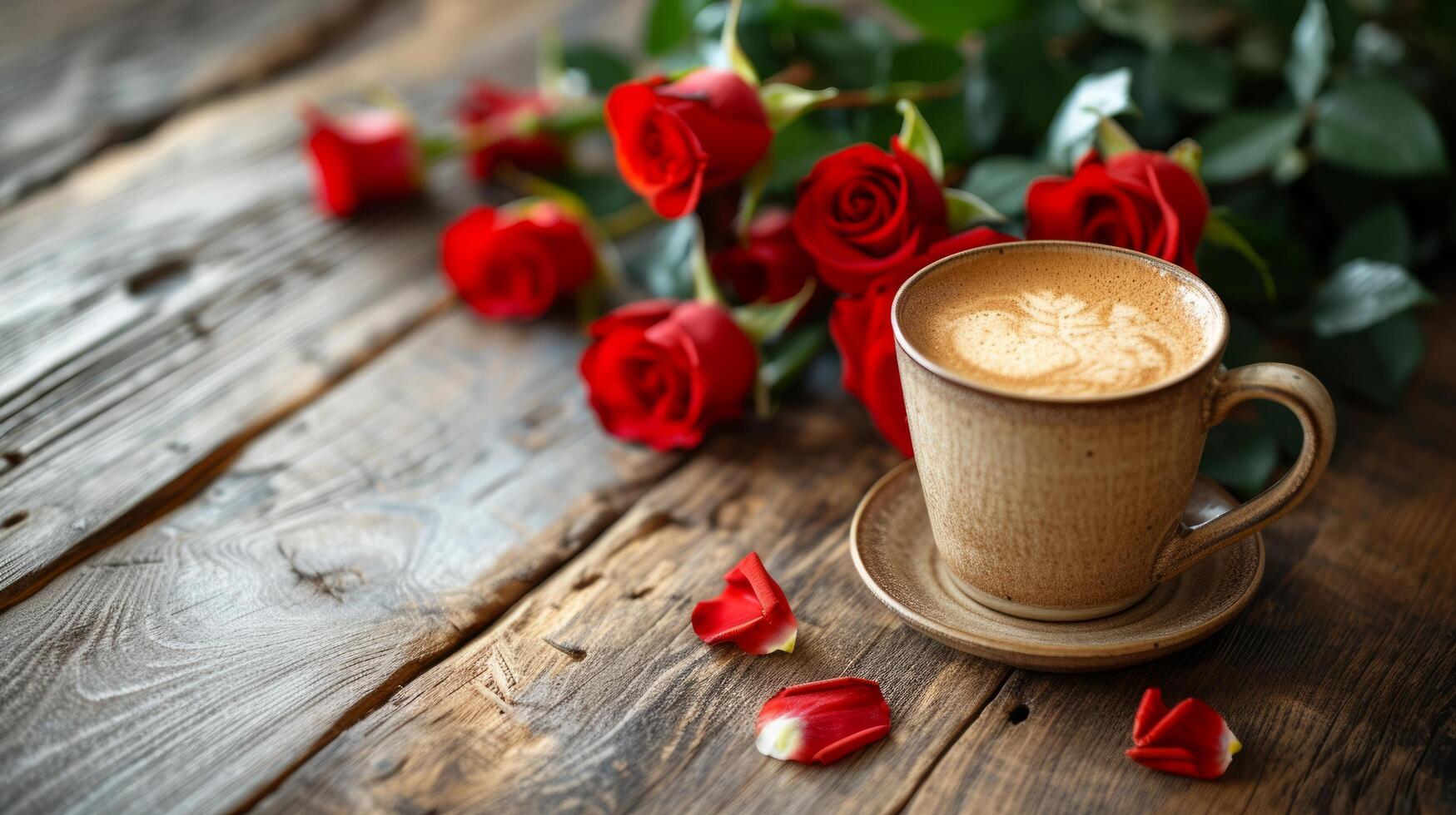 AI generated A bouquet of red roses lies near a cup of cappuccino on a wooden table with copy space photo