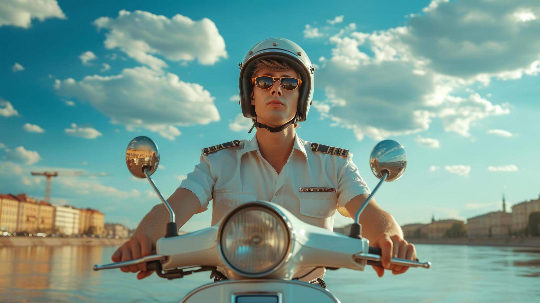 AI generated A young handsome man in a police uniform rides a moped along the embankment photo