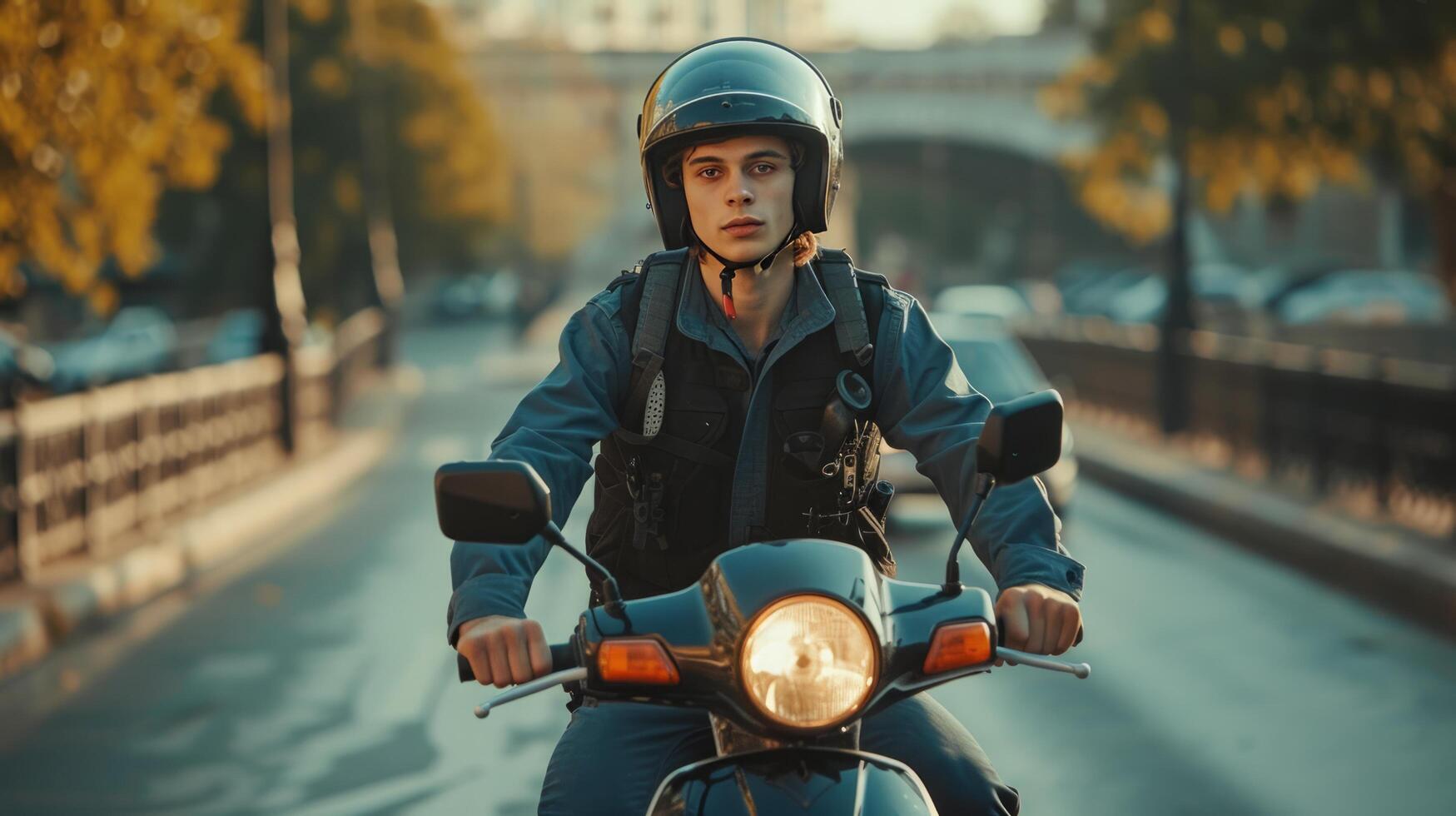 AI generated A young handsome man in a police uniform rides a moped along the embankment photo