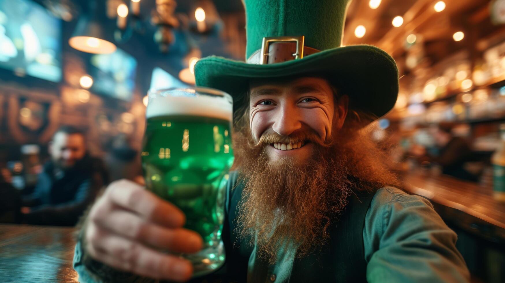 ai generado un duende en un grande verde sombrero bebidas verde cerveza y sonrisas mientras mirando a el cámara foto