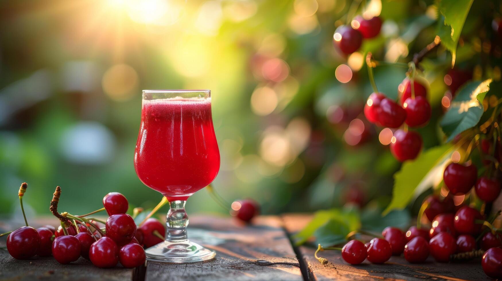 AI generated A glass with cherry compote stands on a wooden table next to it photo