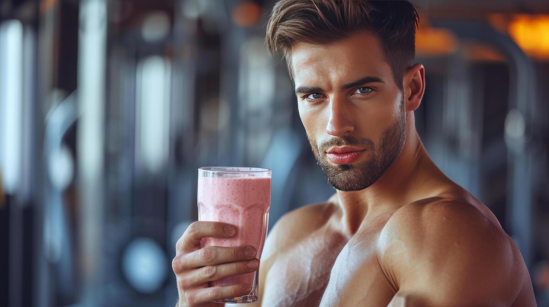 AI generated A handsome, athletic-looking man is holding a glass of smoothie in his hand photo