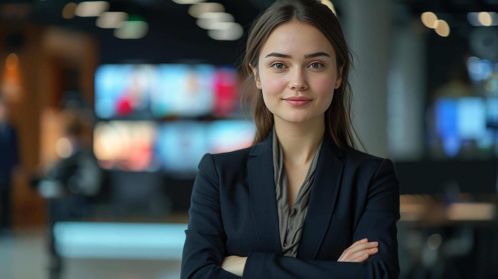 AI generated A young woman in a suit conducts news in the studio on the federal channel photo