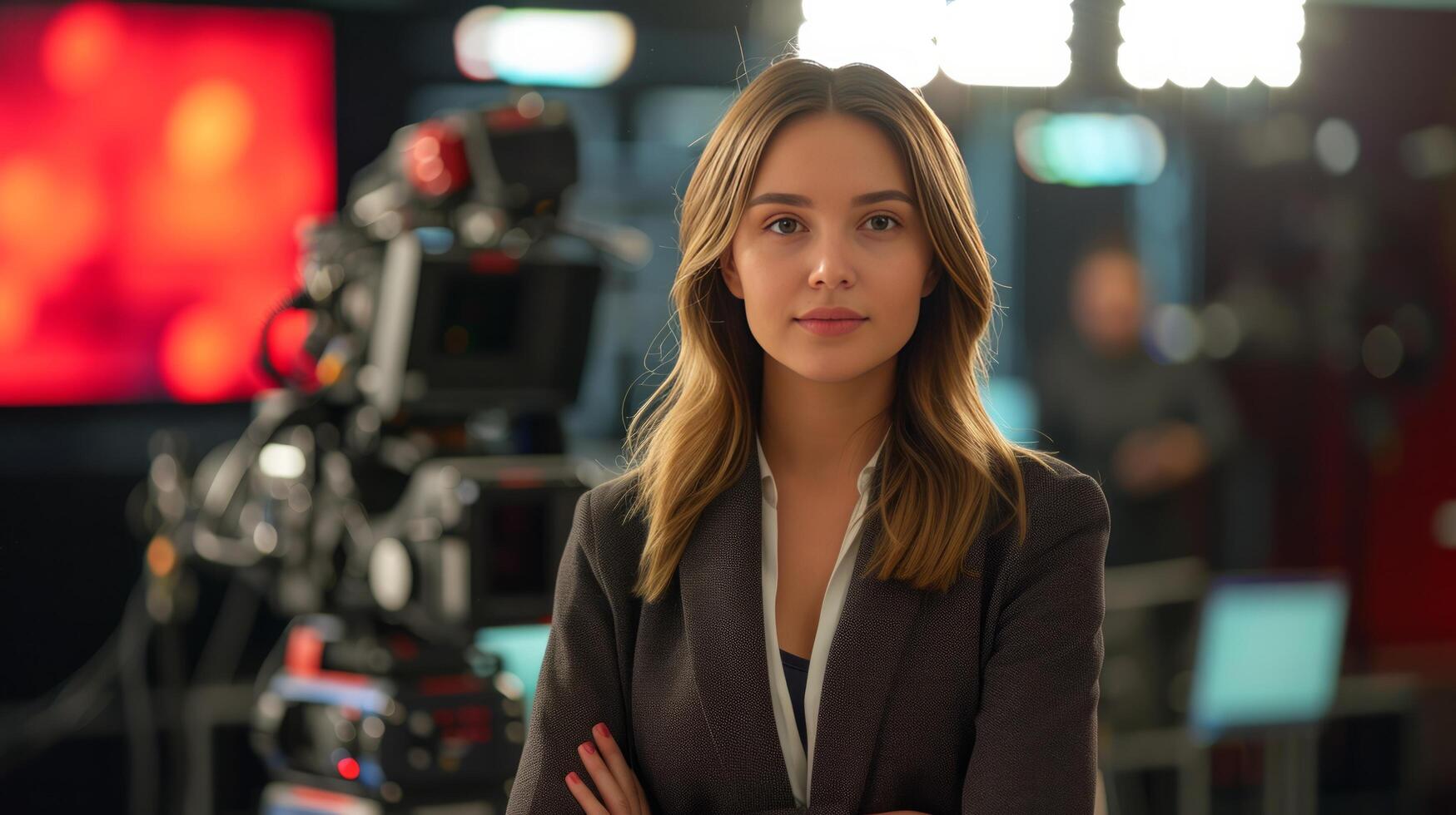 AI generated A young woman in a suit conducts news in the studio on the federal channel photo