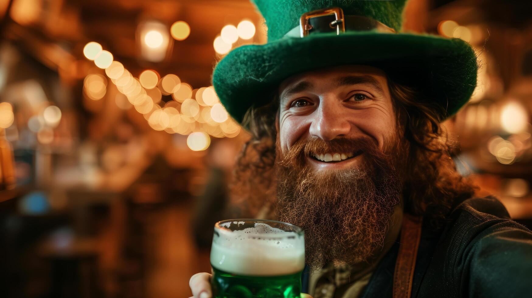 AI generated A leprechaun in a big green hat drinks green beer and smiles while looking at the camera photo