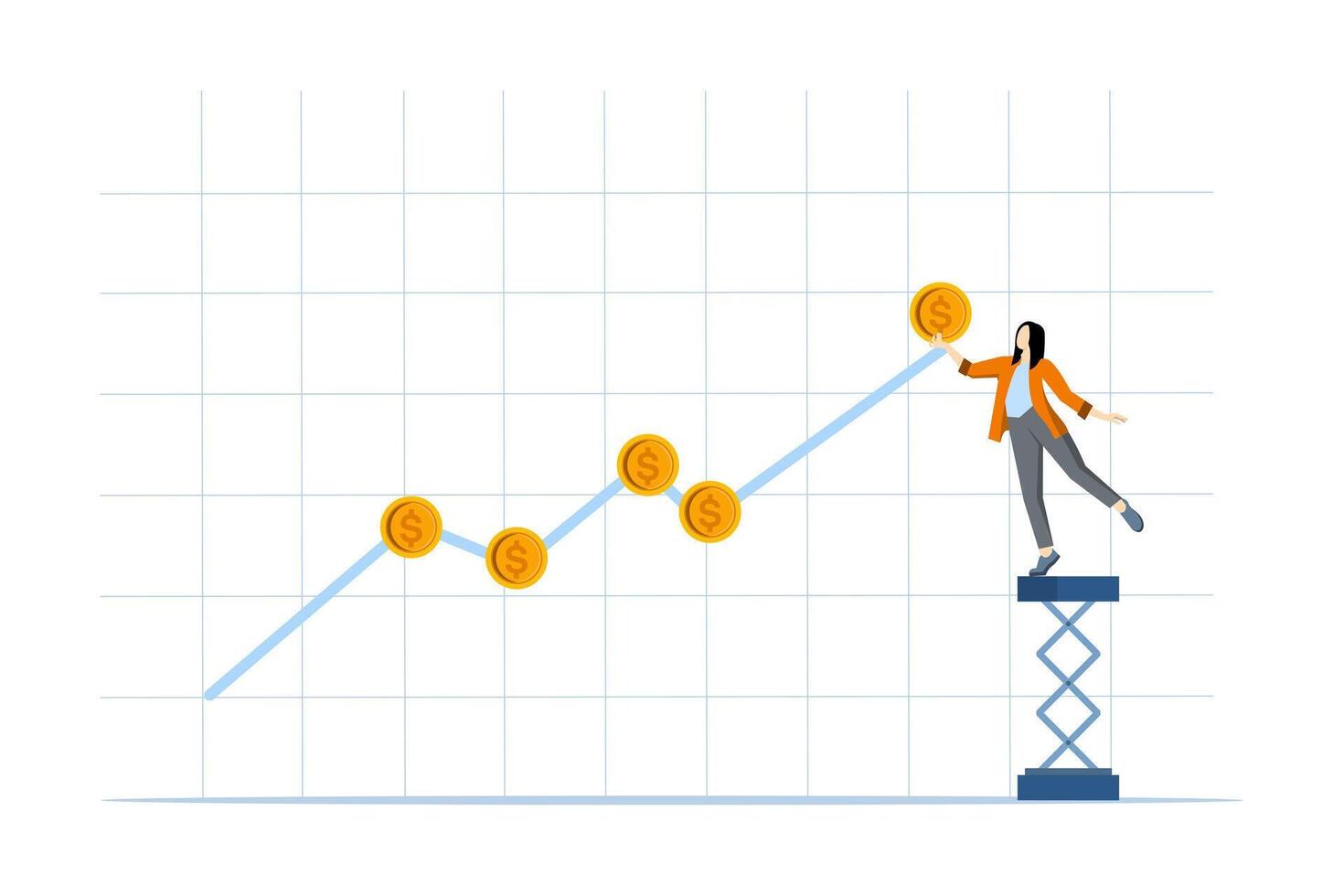 inteligente mujer de negocios inversor participación monedas acumulado cada mes, dca, dólar costo promediando inversión estrategia a poner el mismo cantidad de dinero cada mes para más riqueza y lucro concepto. vector