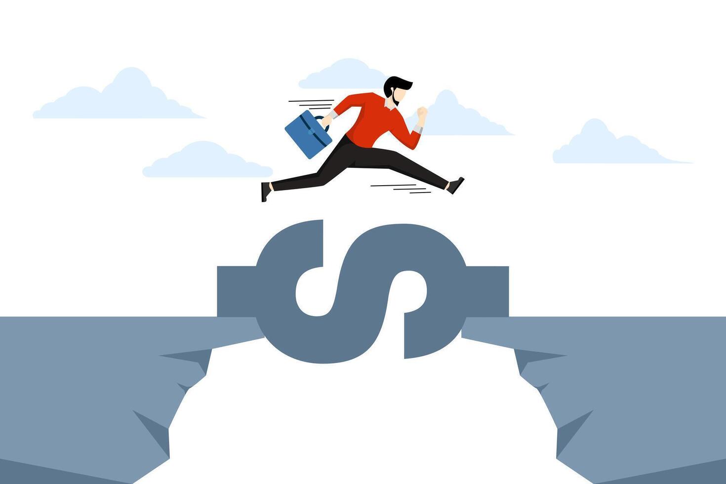 Money to save, supporting business to survive, businessman jumping over cliff gap with dollar sign bridge, financial assistance solution to get through crisis, budget or loan repayment concept. vector
