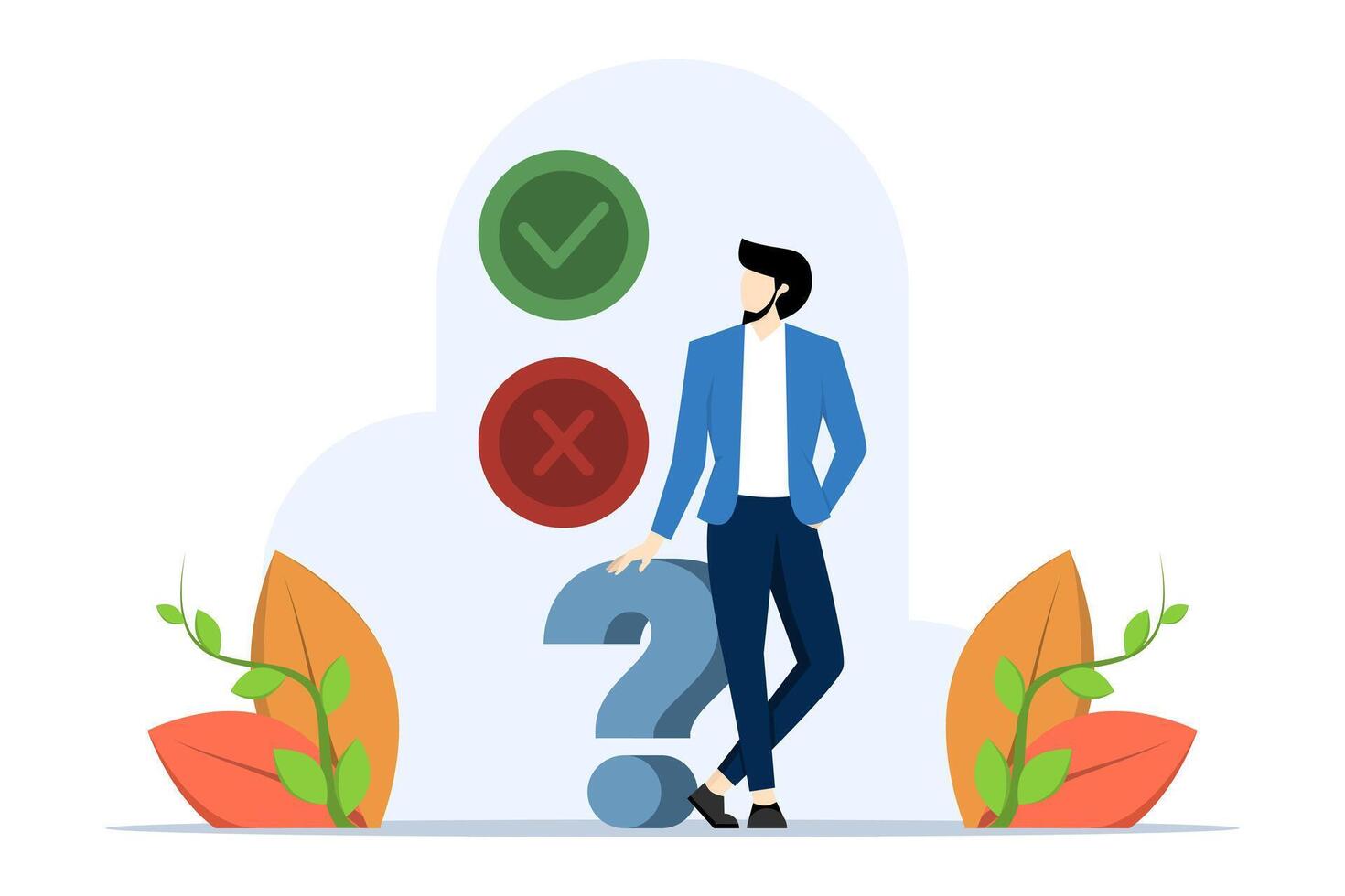 Concept of right or wrong business decisions, wise businessman making wrong or right decisions, right or wrong, right and wrong decisions, moral choice concept. flat vector illustration.