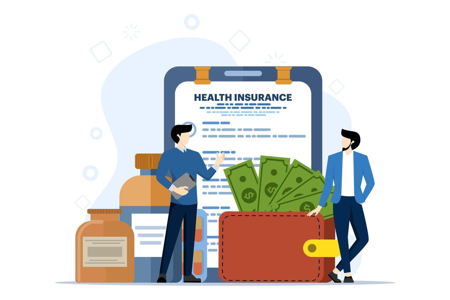 Health insurance concept. Large clipboard with documents surrounded by drugs. Financing health care and medical care. Health, financial and medical services. Flat vector illustration on background.