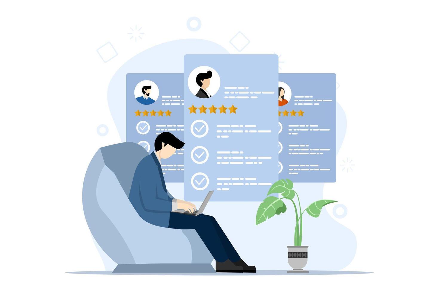 Job recruitment process concept. HR managers search for new employees, read CVs, and provide job candidate reviews. Characters apply for job positions. Flat vector illustration on white background.