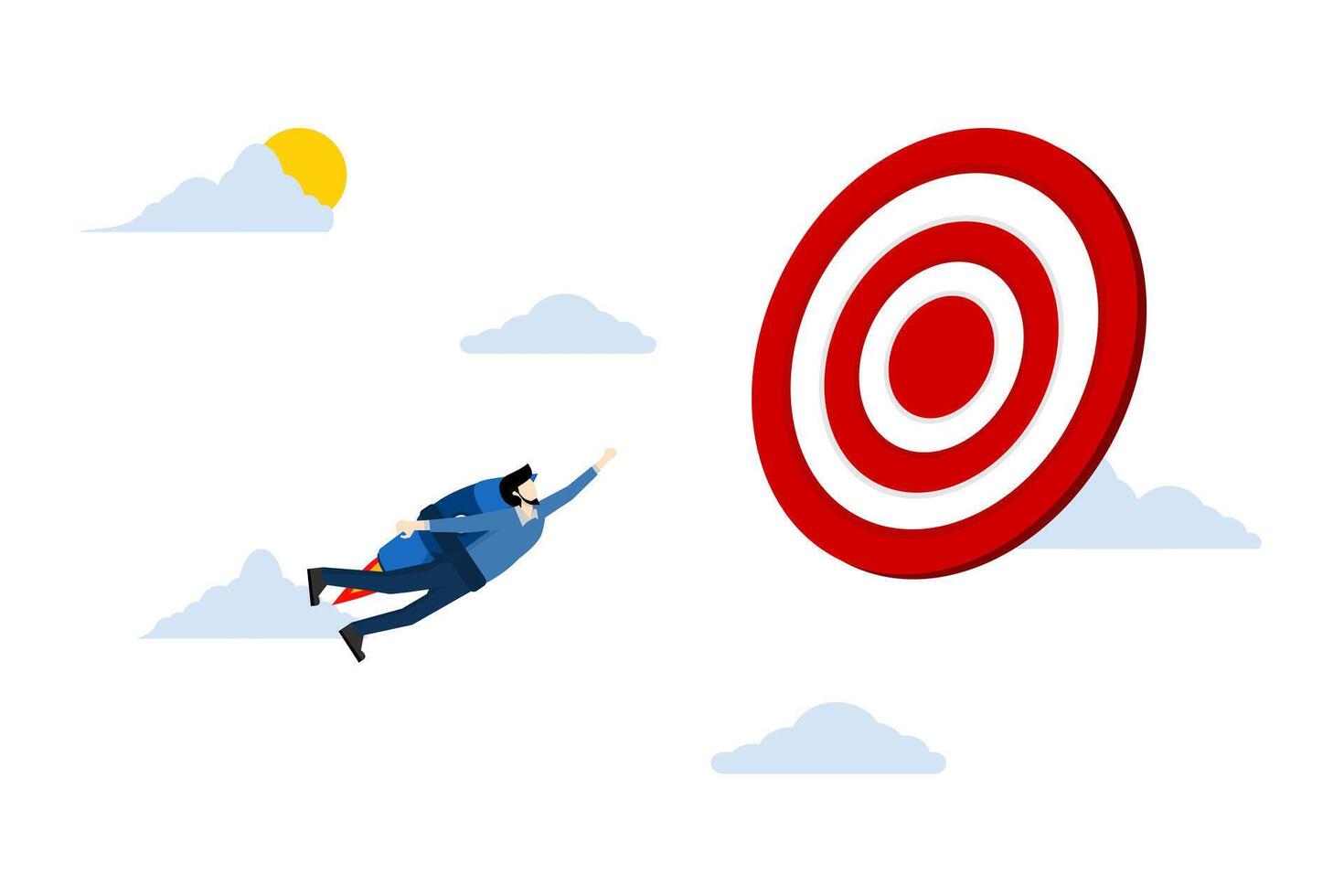 Goal Achievement Concept, businessman with rocket flying fast through business target, challenge or mission to win and achieve target success, leadership, motivation and skills to achieve goal. vector