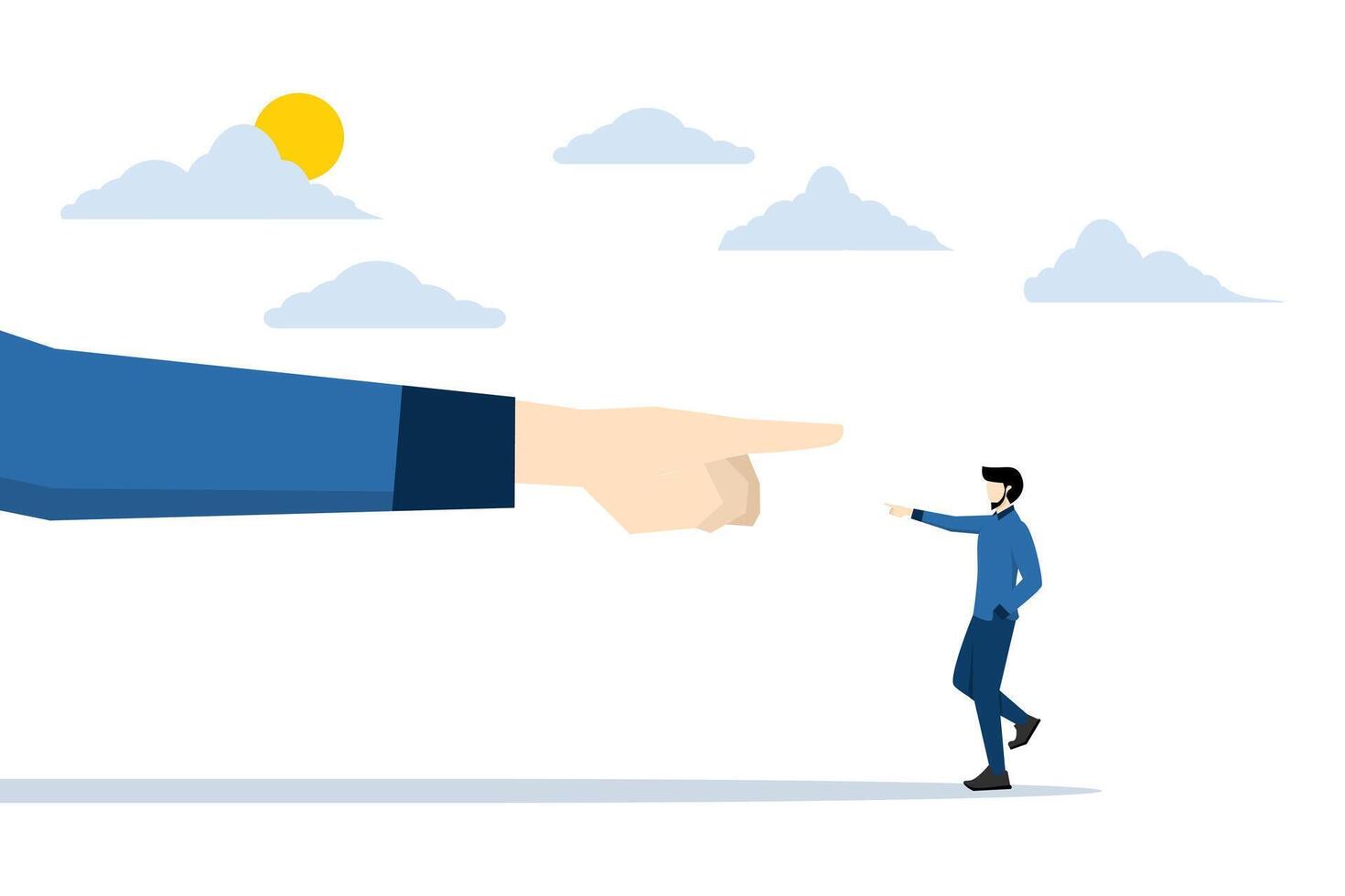 Employee conflict direction concept, small businessman standing in front of giant hands pointing in opposite directions. argument between colleagues, agree or oppose paths, decision problem concept. vector