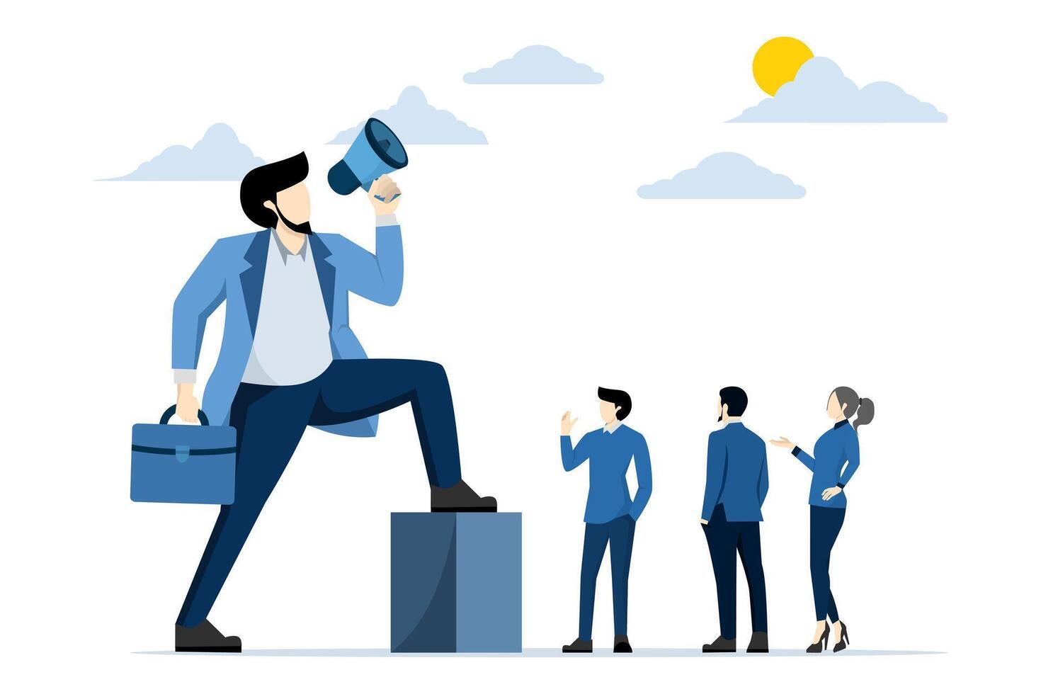 Giant businessman manager uses megaphone to order employees, dominant leader, bossy manager uses authority power to command and control employees to work, contrast and conflict management concept. vector