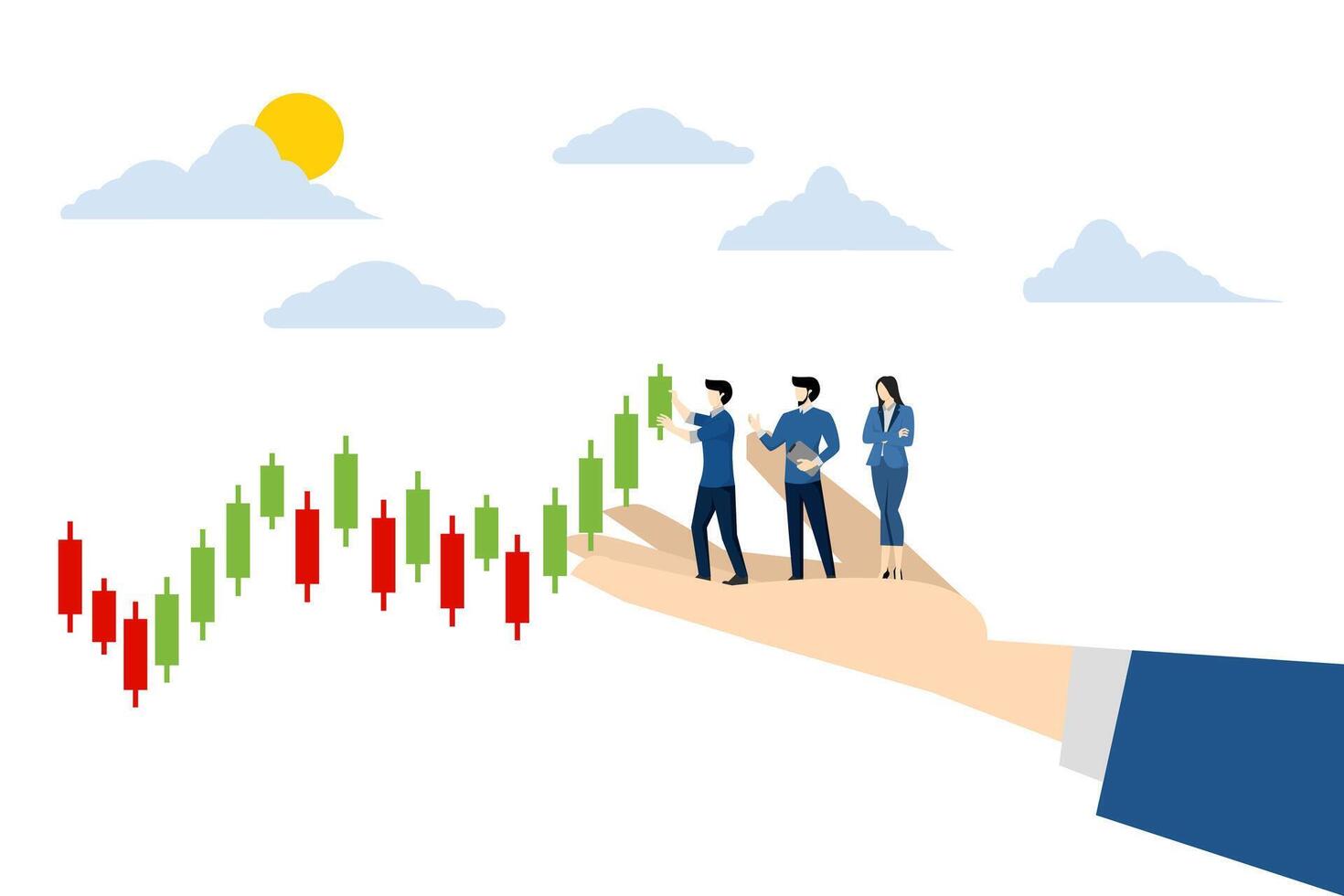 concept of buying shares. analyzing stock trading. People place stock trading charts on long hands with the help of hands. Flat vector illustration on white background.