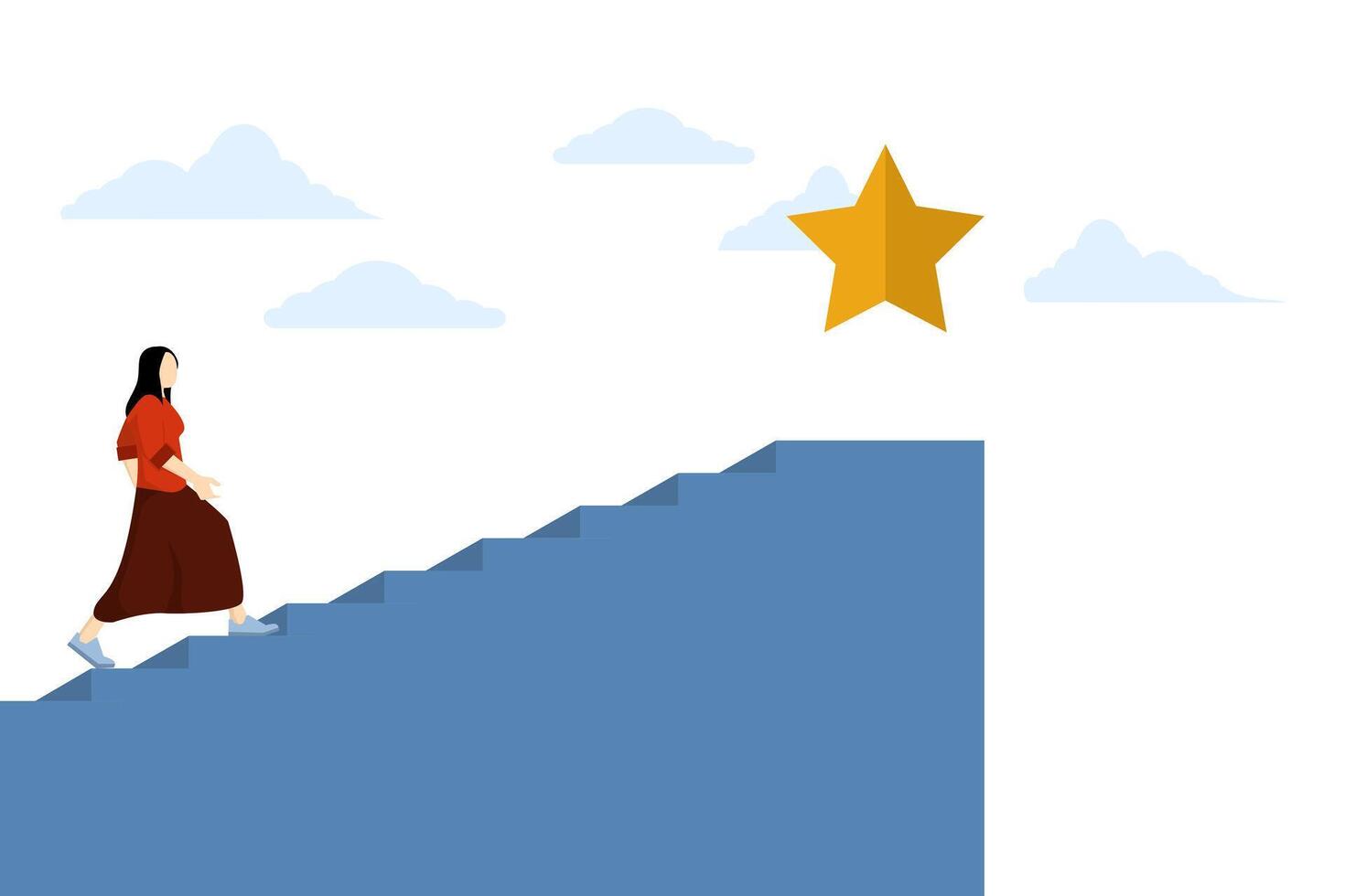 Concept of success in business, confident smart businesswoman climbing ladder to top to achieve valuable star prize, achieving or achieving business goal, reward and motivational concept. vector