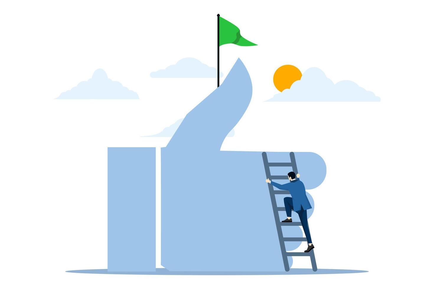 businessman going up ladder to achieve thumbs up achievement, Successful journey to get positive feedback, employee or customer satisfaction concept, high performance evaluation or review, good job. vector