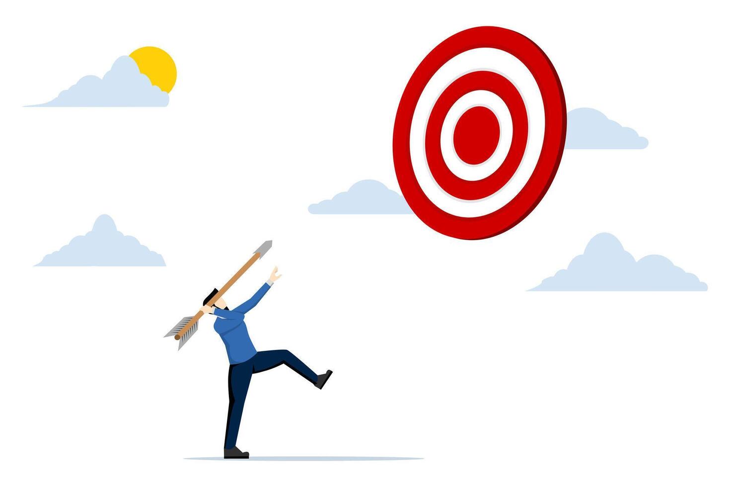 Concept Aiming for a big goal, businessman throwing a big dart aiming to hit the dartboard on target, challenge to reach the target, success or accuracy, ambition to reach the target business concept. vector