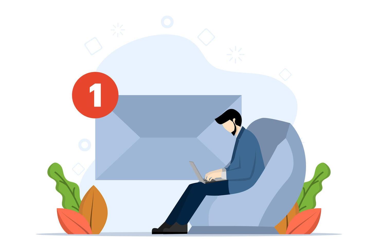 businessman working with laptop computer on email envelopes, email management, efficiency or productive way, handling lots of emails or managing replies to all emails, prioritizing information. vector