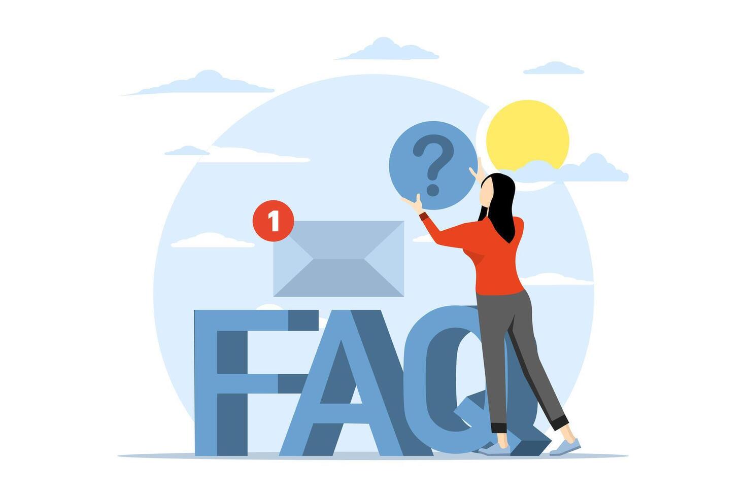 Frequently Asked Questions concept, customer service, businesswoman saying in message bubble and holding big blue question mark next to FAQ lettering vector illustration for website.