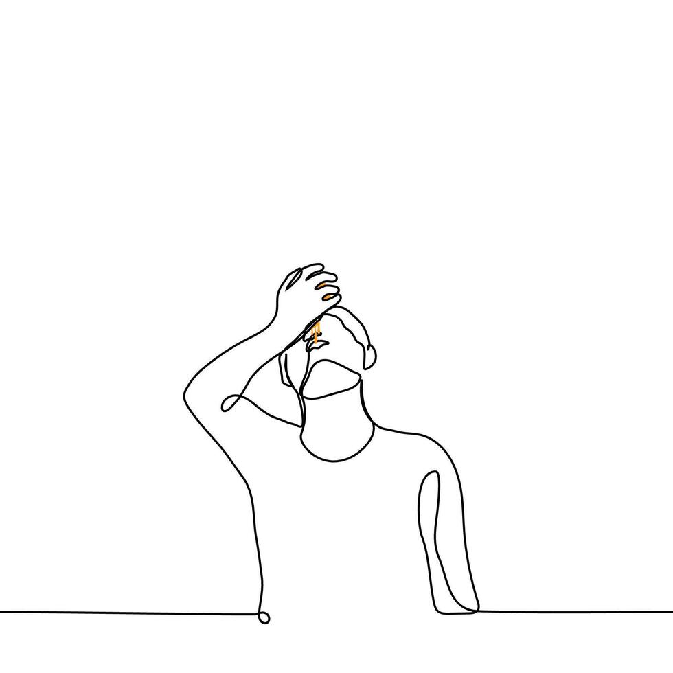 man squeezes orange juice from an orange directly into his mouth - one line drawing vector. concept drink raw fresh juice vector