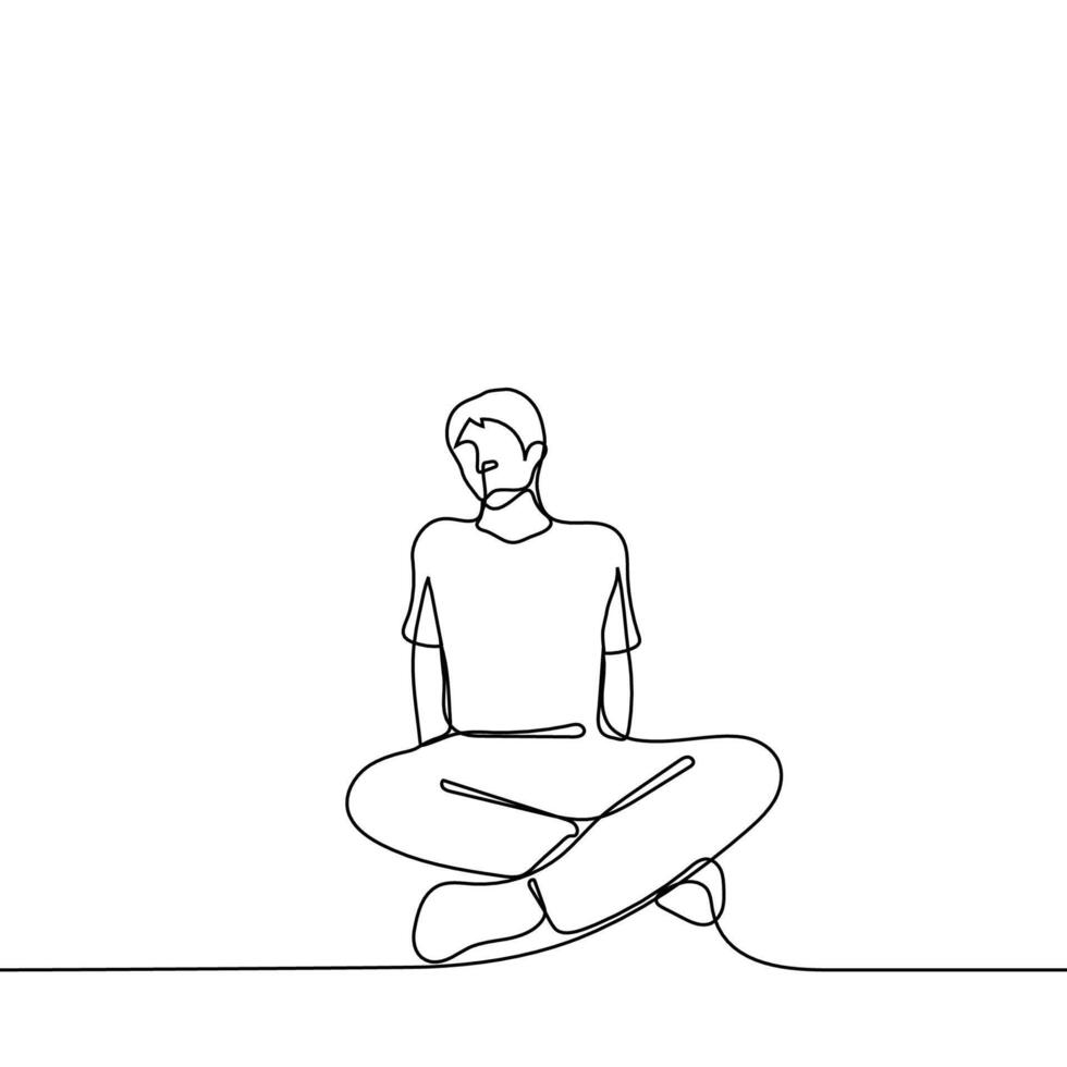 man sits on the floor leaning on his hands behind his back his legs are crossed in a Turkish pose - one line drawing vector. concept sit on the floor, procrastination, laziness, inactivity vector