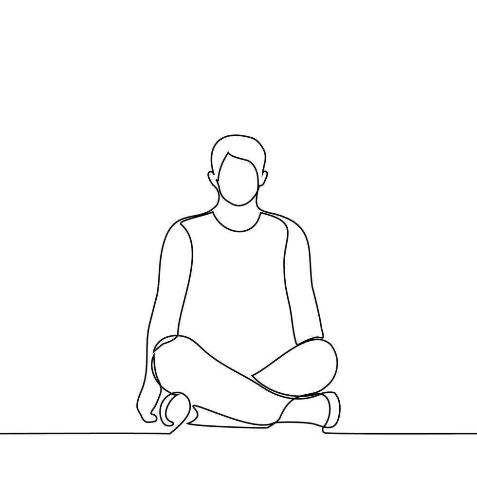 hombre se sienta con las piernas cruzadas en el piso, él medita - uno línea dibujo vector. concepto meditación, yoga vector