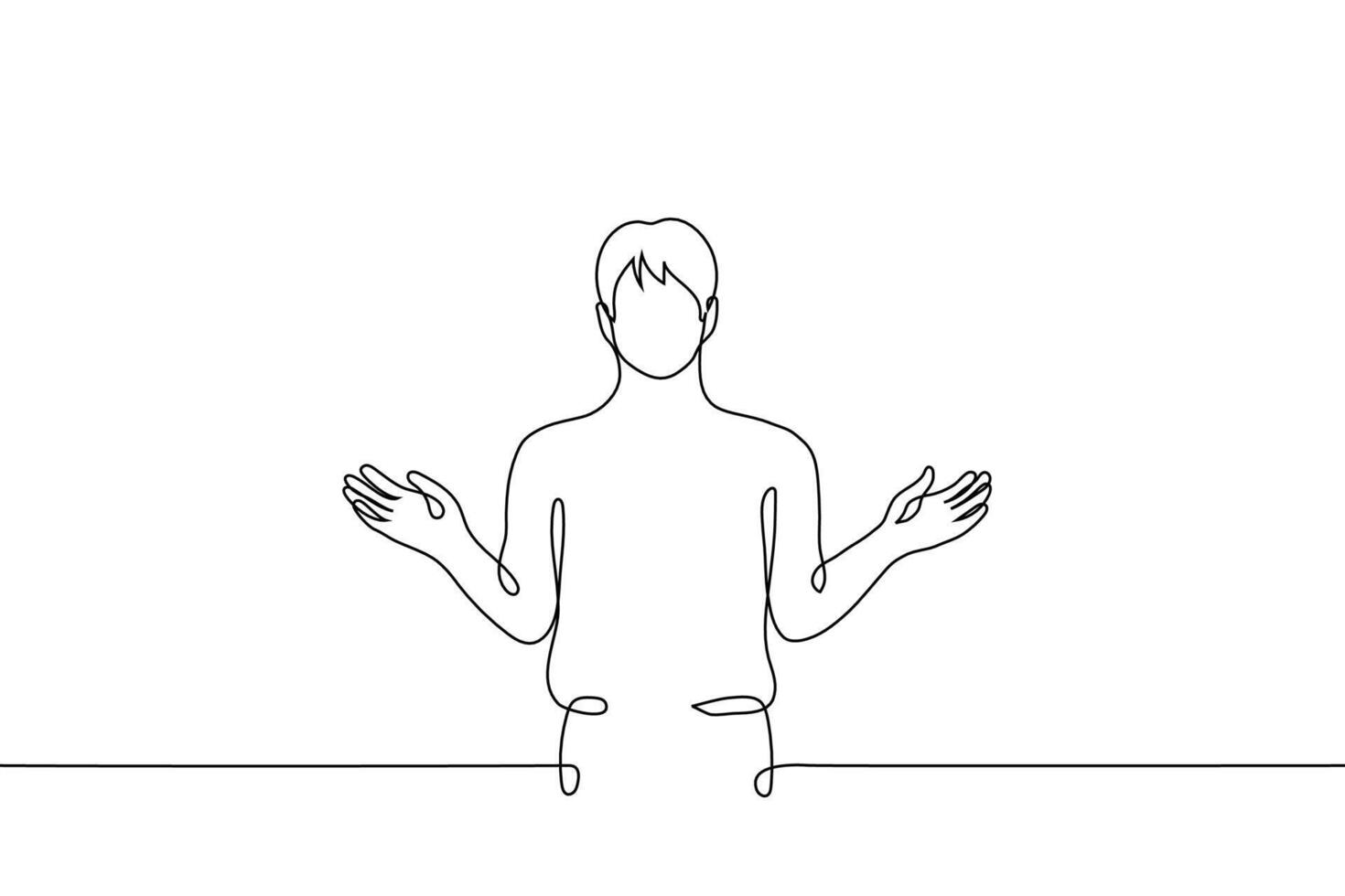 man spread his arms to the sides - one line drawing vector. concept distracted, confused, open to hugs vector