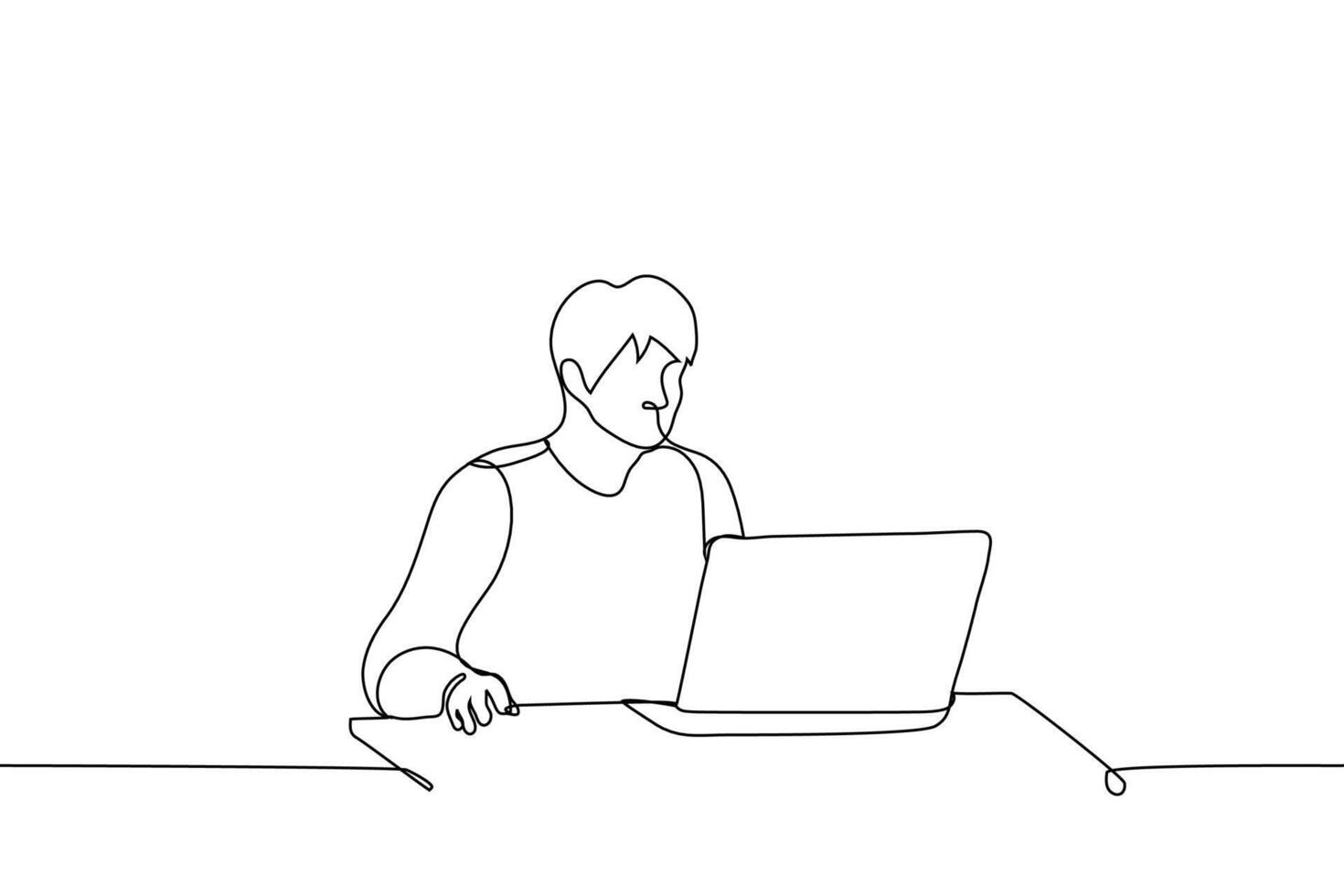 man sitting at the computer - one line drawing vector. concept freelancer or gamer vector
