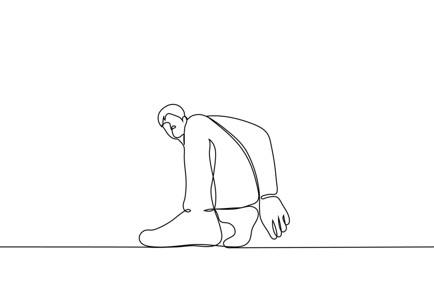 man knelt down with one leg sticking out foot close up of foot - one line drawing vector. concept an unusual angle for a portrait photo,  demonstration of sneakers, shoes vector