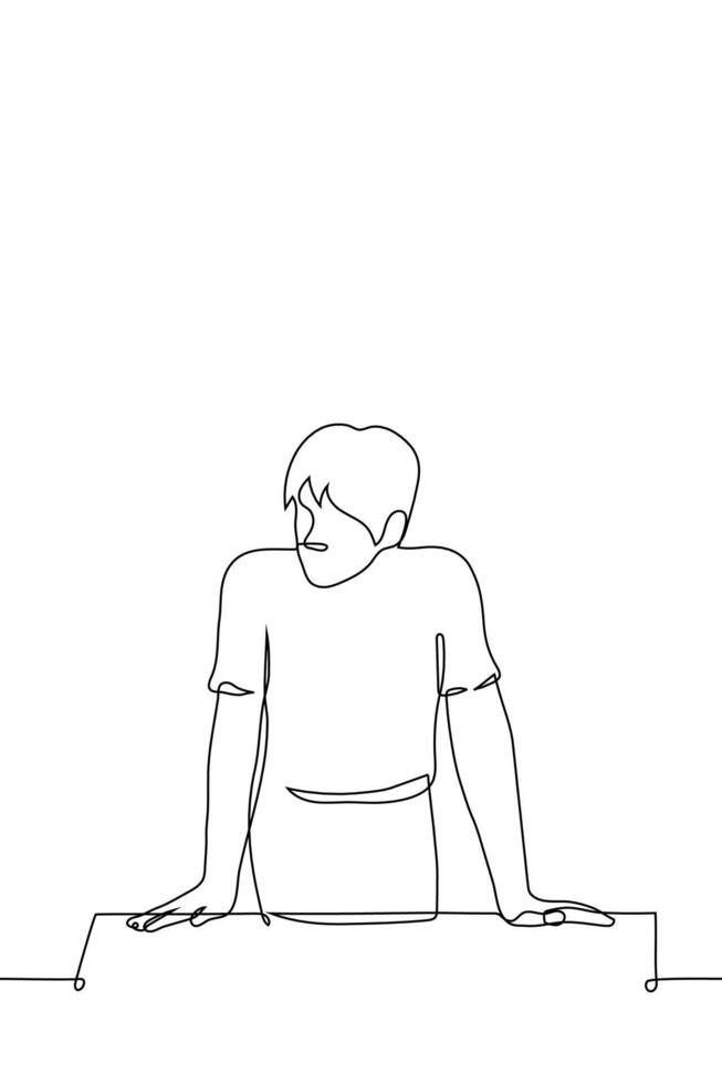 man, stands, leaning, palms, hands, table, lean, one line drawing vector, concept, thinks, expectations, observes vector