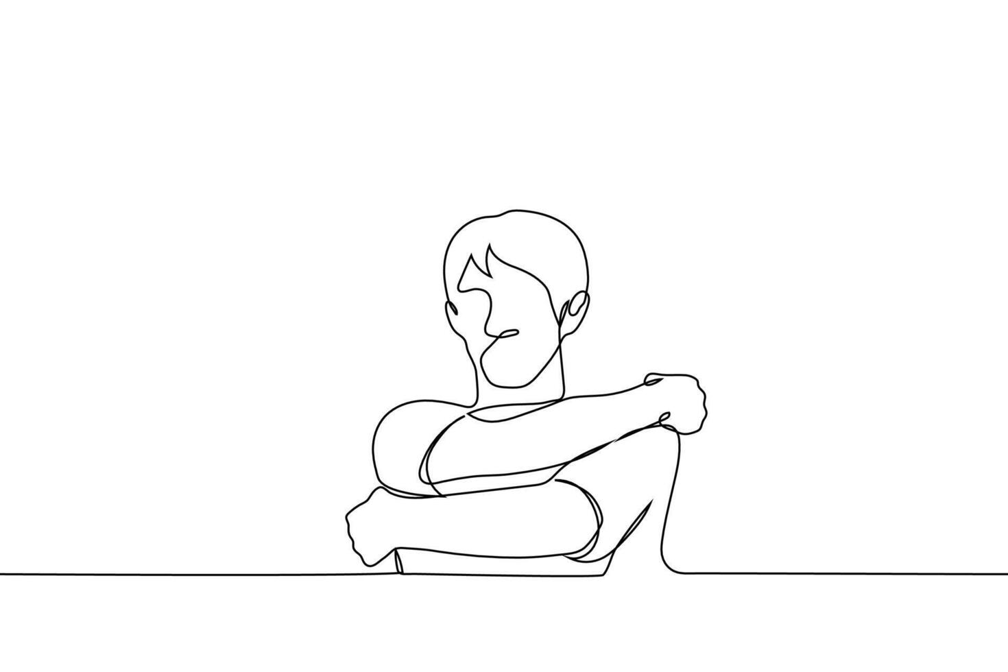 man hugging himself - one line drawing vector. concept self help, self rescue, self reflection, help yourself vector