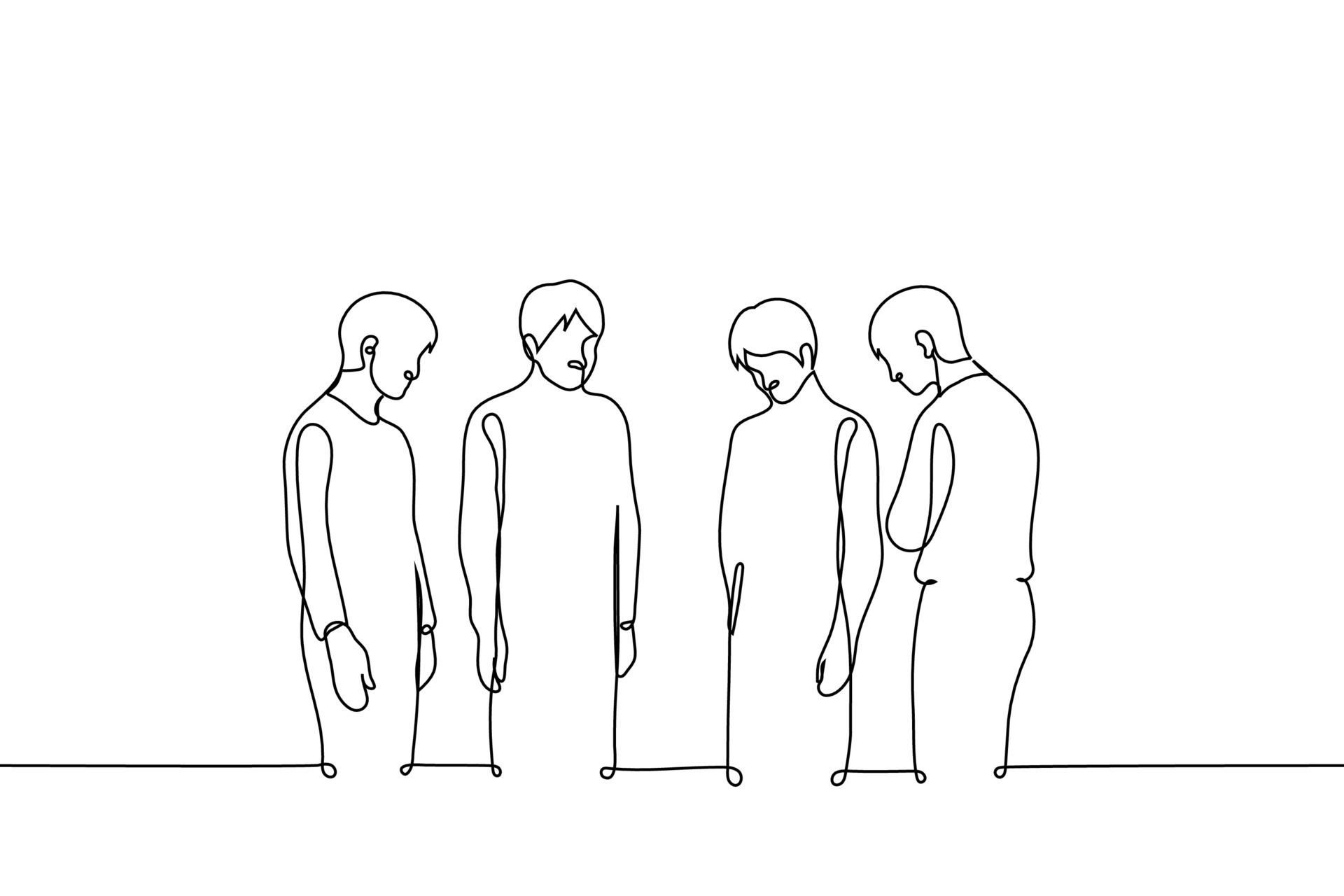 group of people stand in a circle with their heads down, they are sad