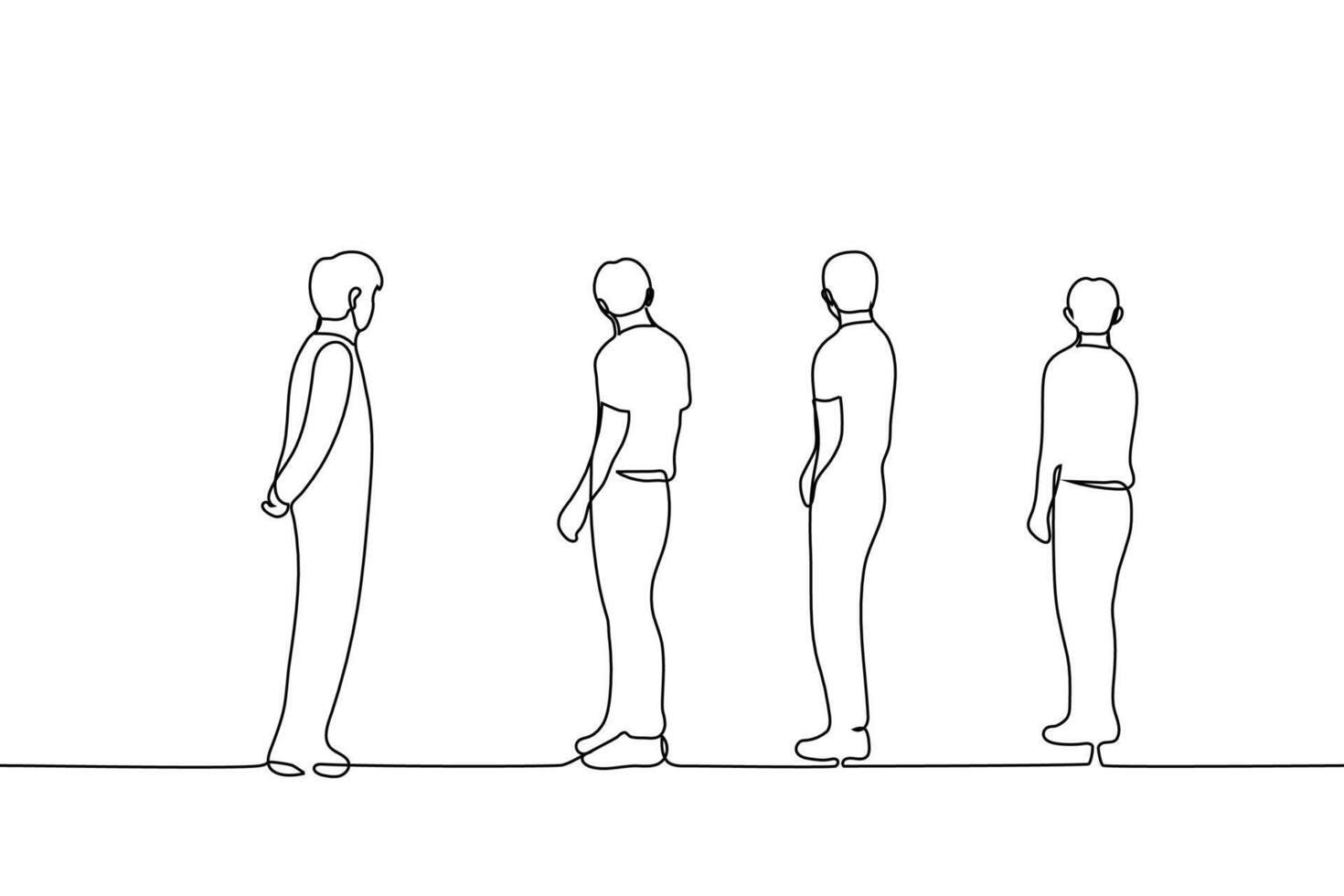 group of men standing and looking in one direction - one line drawing vector. concept attracting the attention of the crowd, male audience, friends watching something vector