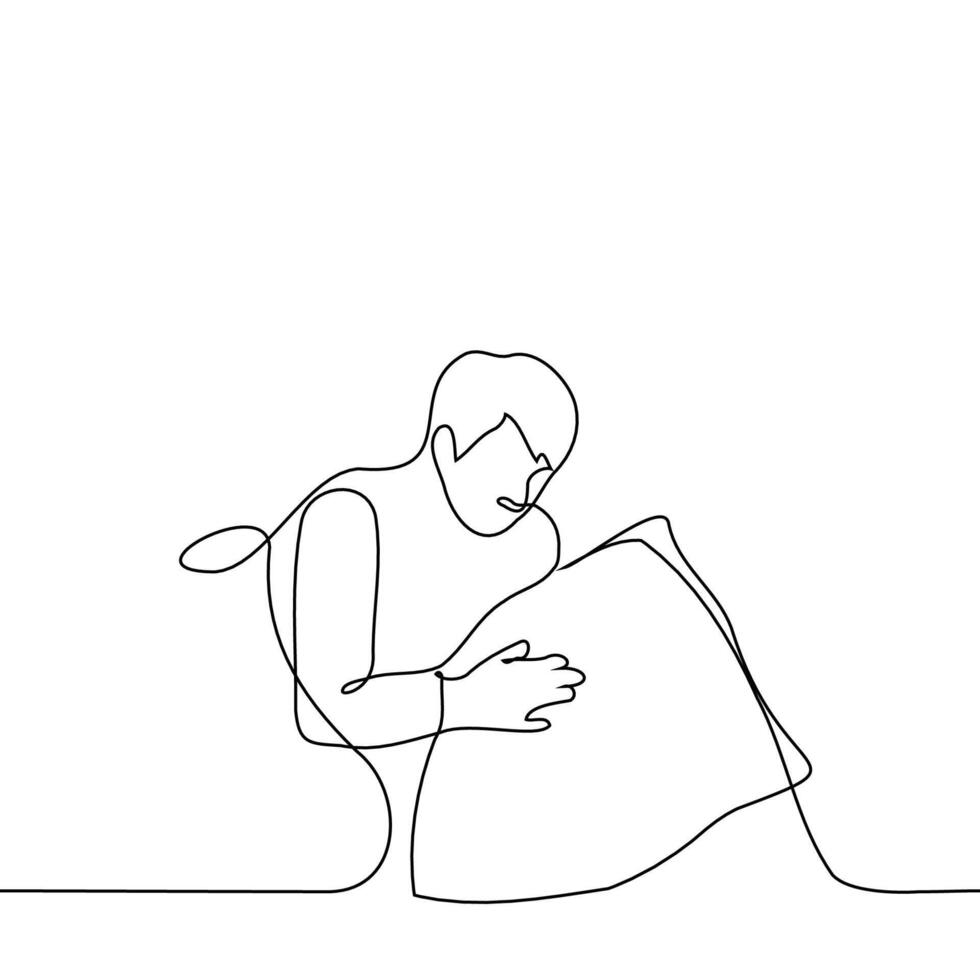 man in bed going to bed adjusting his pillow - one line drawing vector. concept morning wake up or bedtime, flip the pillow to the other side vector