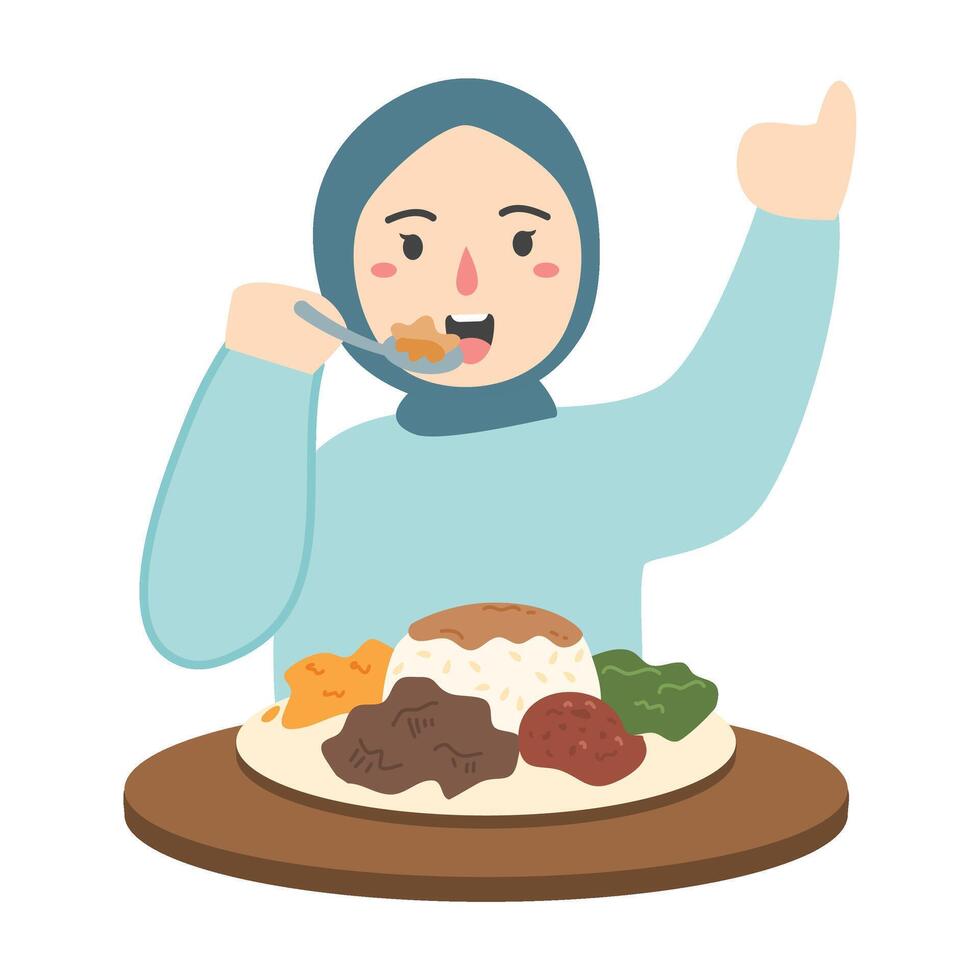 people eating nasi padang with beef rendang concept illustration vector