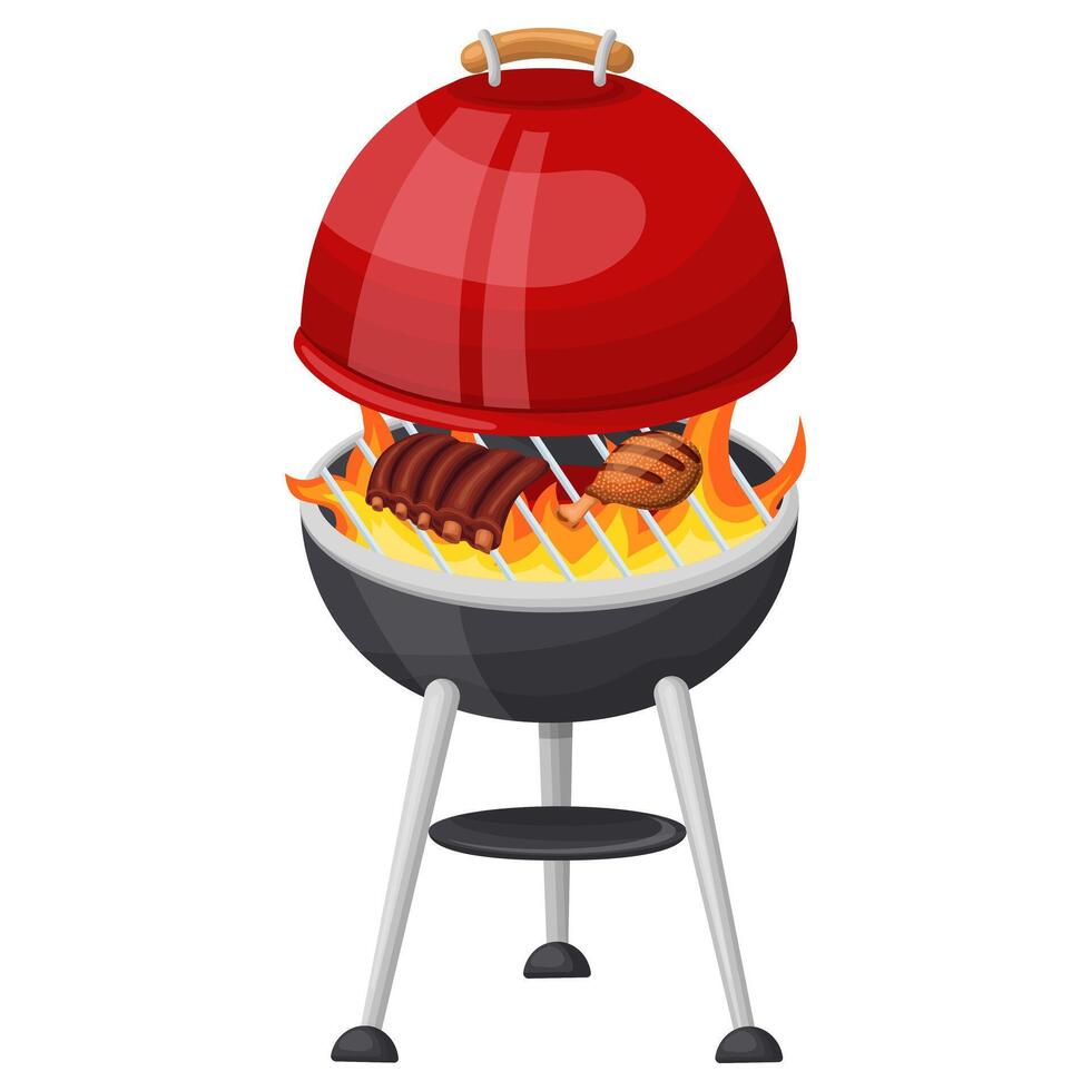 Cocinando carne en huesos y pollo en un llameante parrilla con el tapa ligeramente abierto. vector ilustración en un blanco antecedentes.