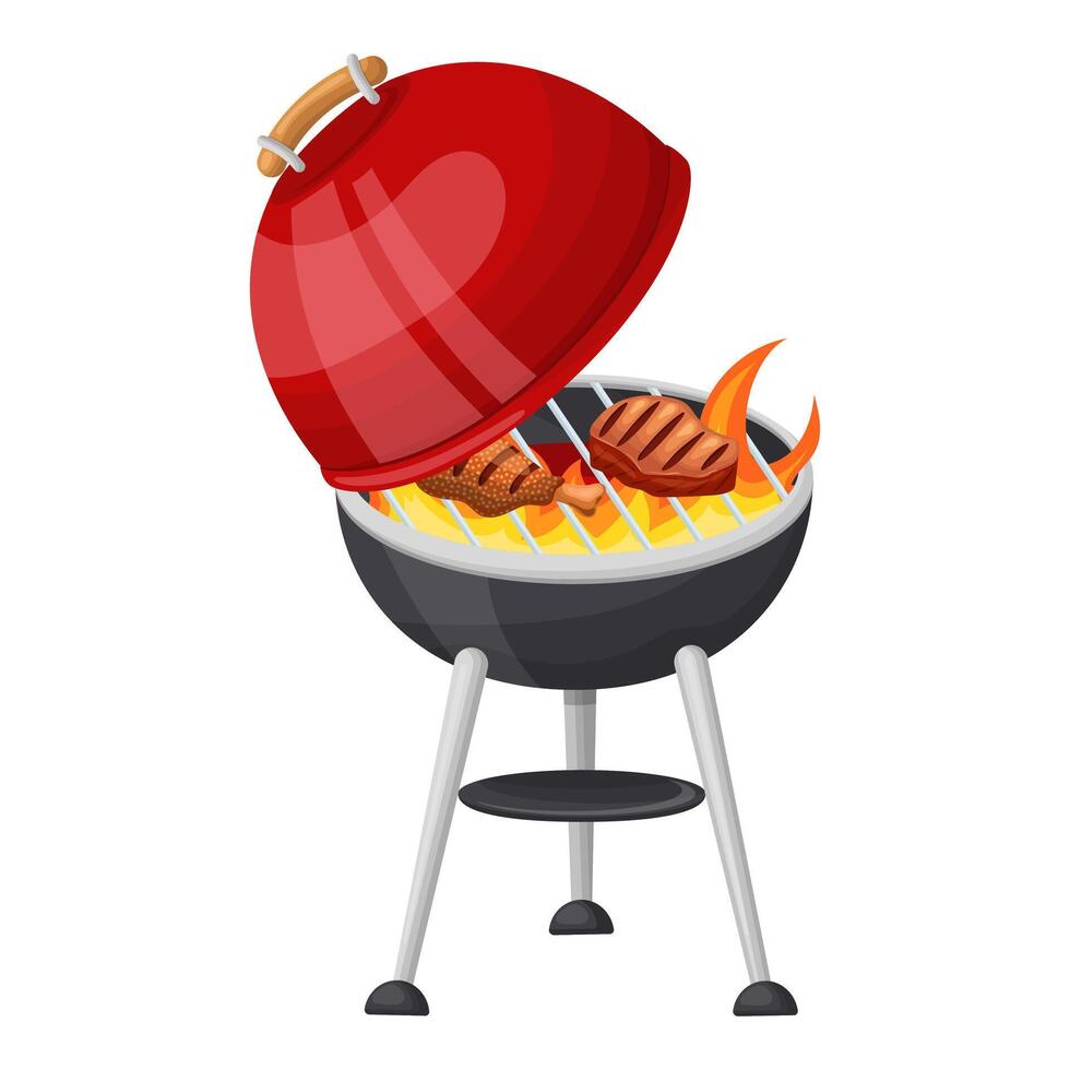 Cooking chicken and meat on a hot grill with an open lid. Vector illustration on a white background.