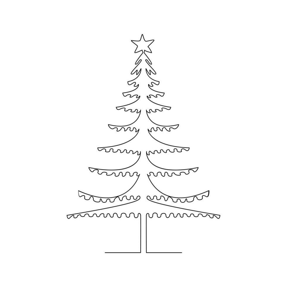 Vector continuous one line drawing of Christmas tree isolated on white background and minimal art illustration