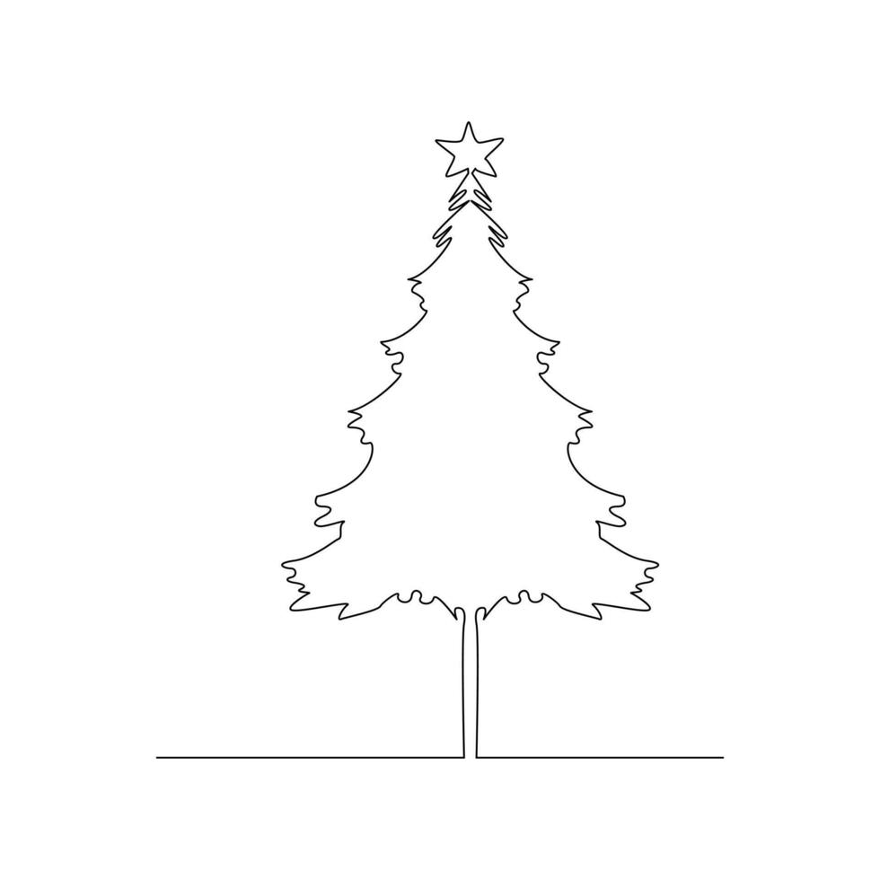 Vector continuous one line drawing of Christmas tree isolated on white background and minimal art illustration