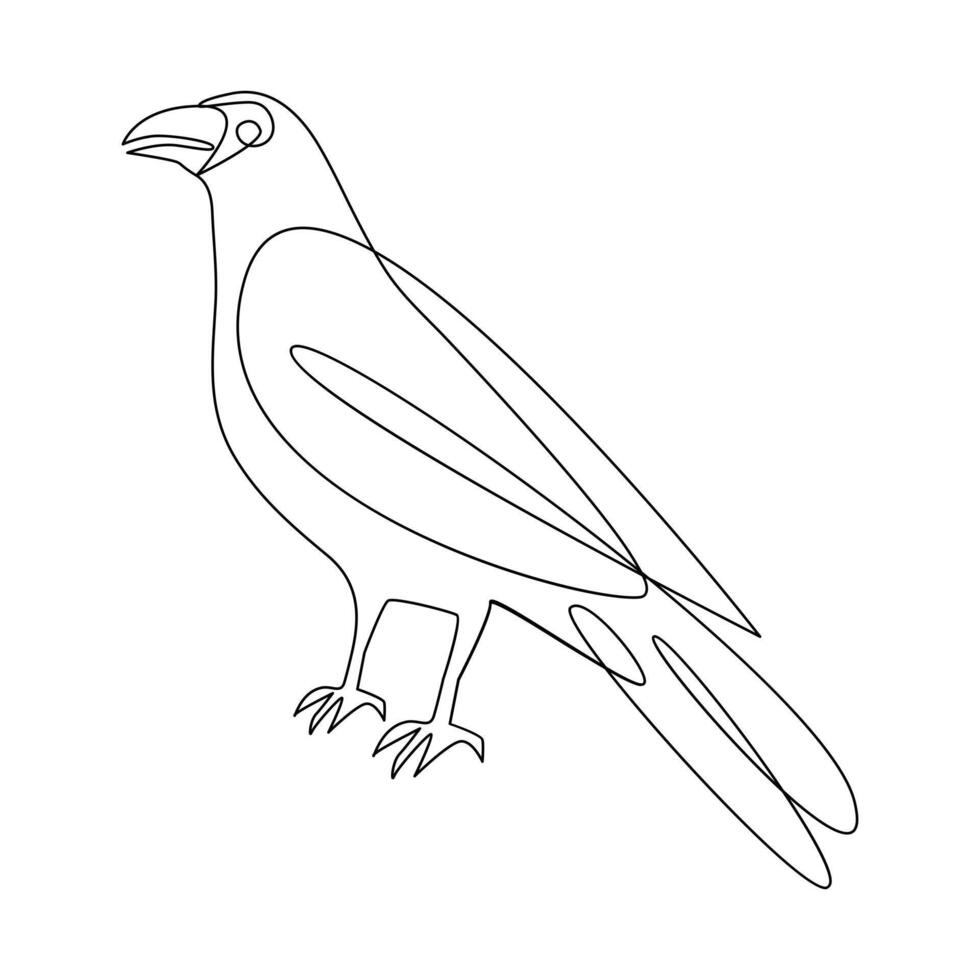 Vector crow drawing in one continuous line isolated on white background illustration minimal