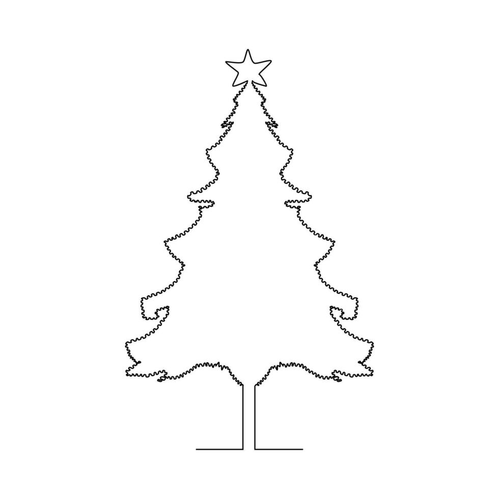 Vector continuous one line drawing of Christmas tree isolated on white background and minimal art illustration