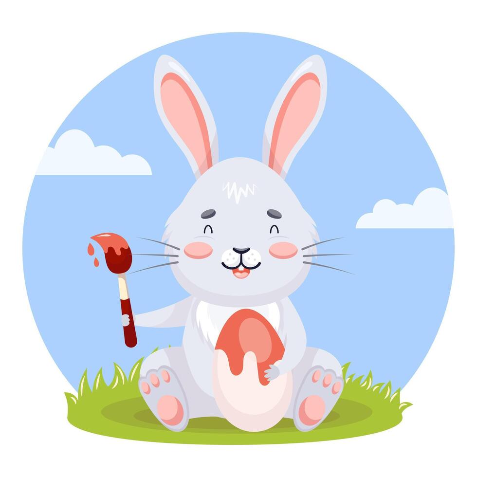 Gray rabbit paints an egg on meadow vector