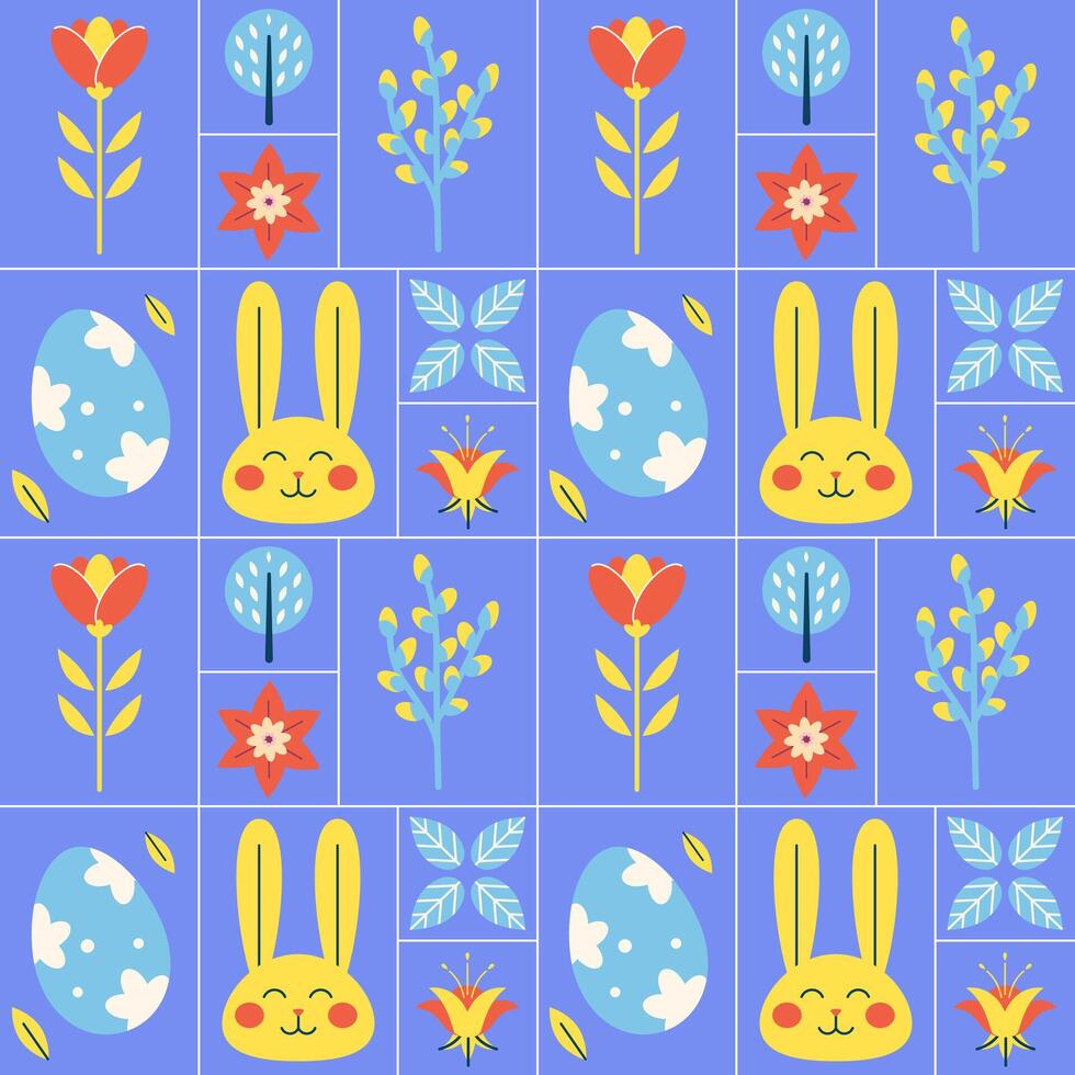 Easter minimalist pattern with shape muzzle rabbit, flowers, plants vector