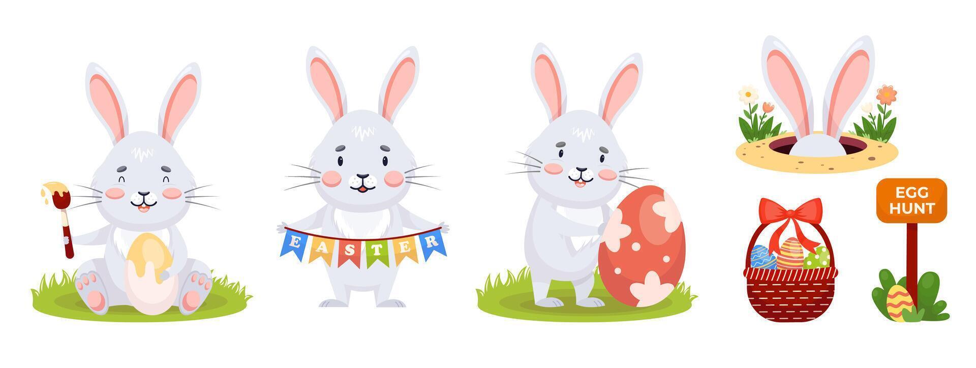 Easter rabbits decorating eggs on meadow of set vector