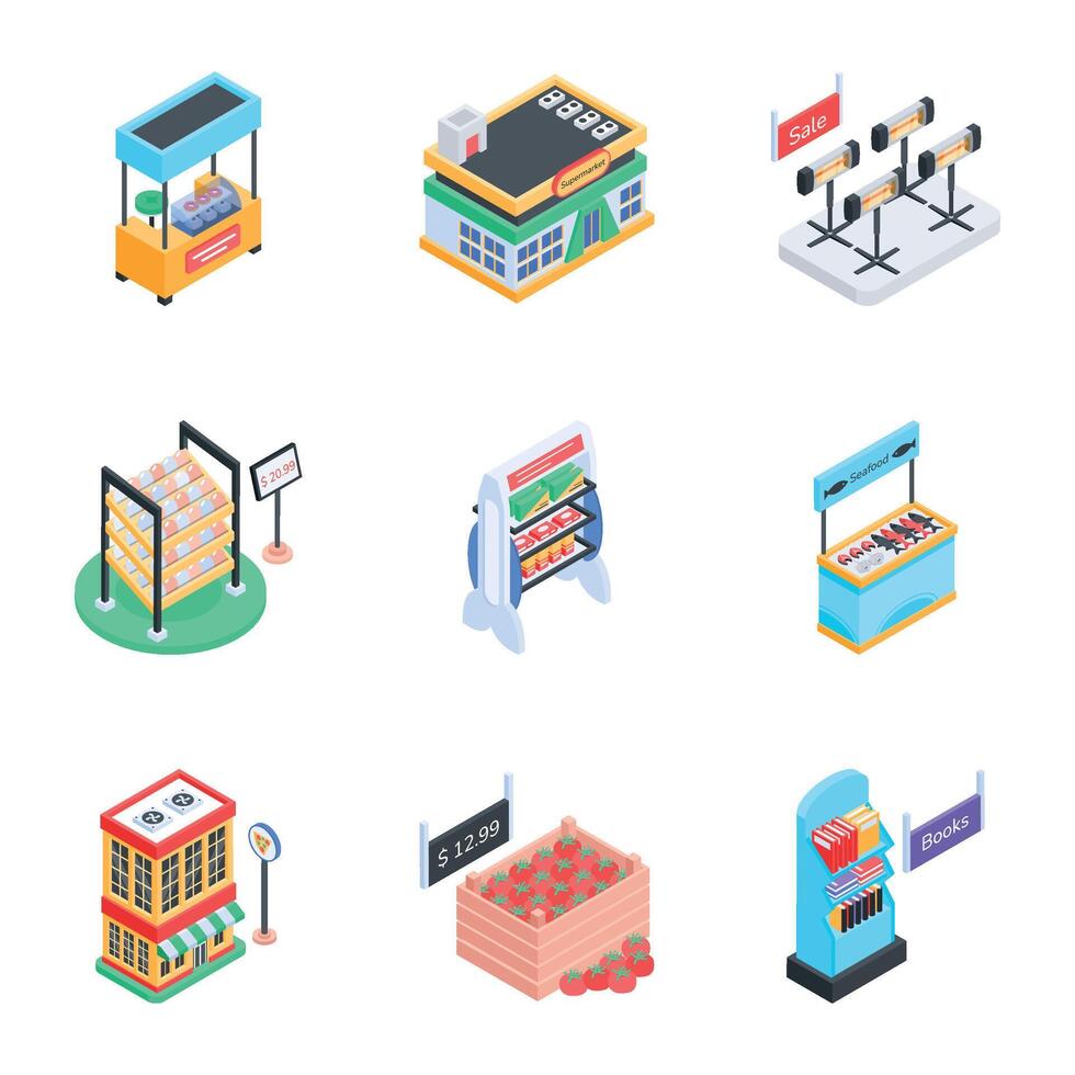 Product Stalls Isometric Icon Bundle vector