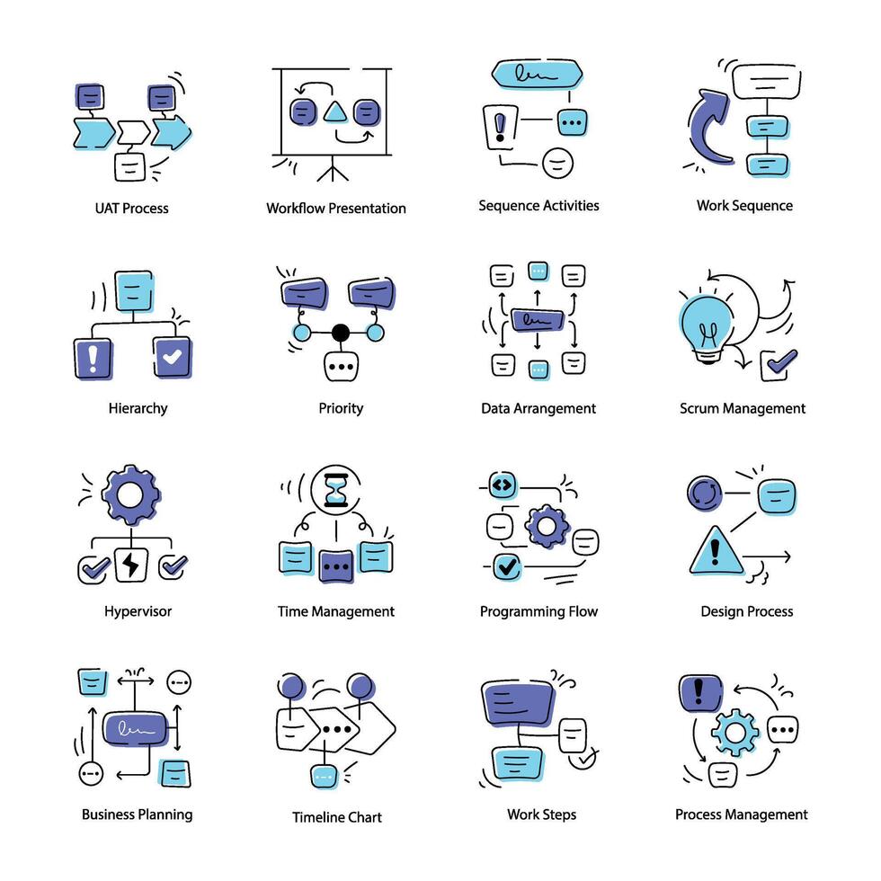 conjunto de dieciséis garabatear íconos representando trabajo procesos vector