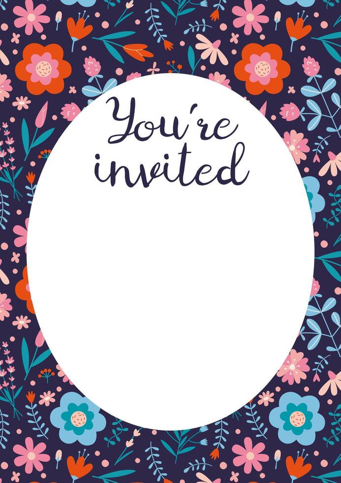 Invitation Card Template, You are invited, with spring vibe and flower pattern, cartoon style. Trendy modern vector illustration, hand drawn, flat